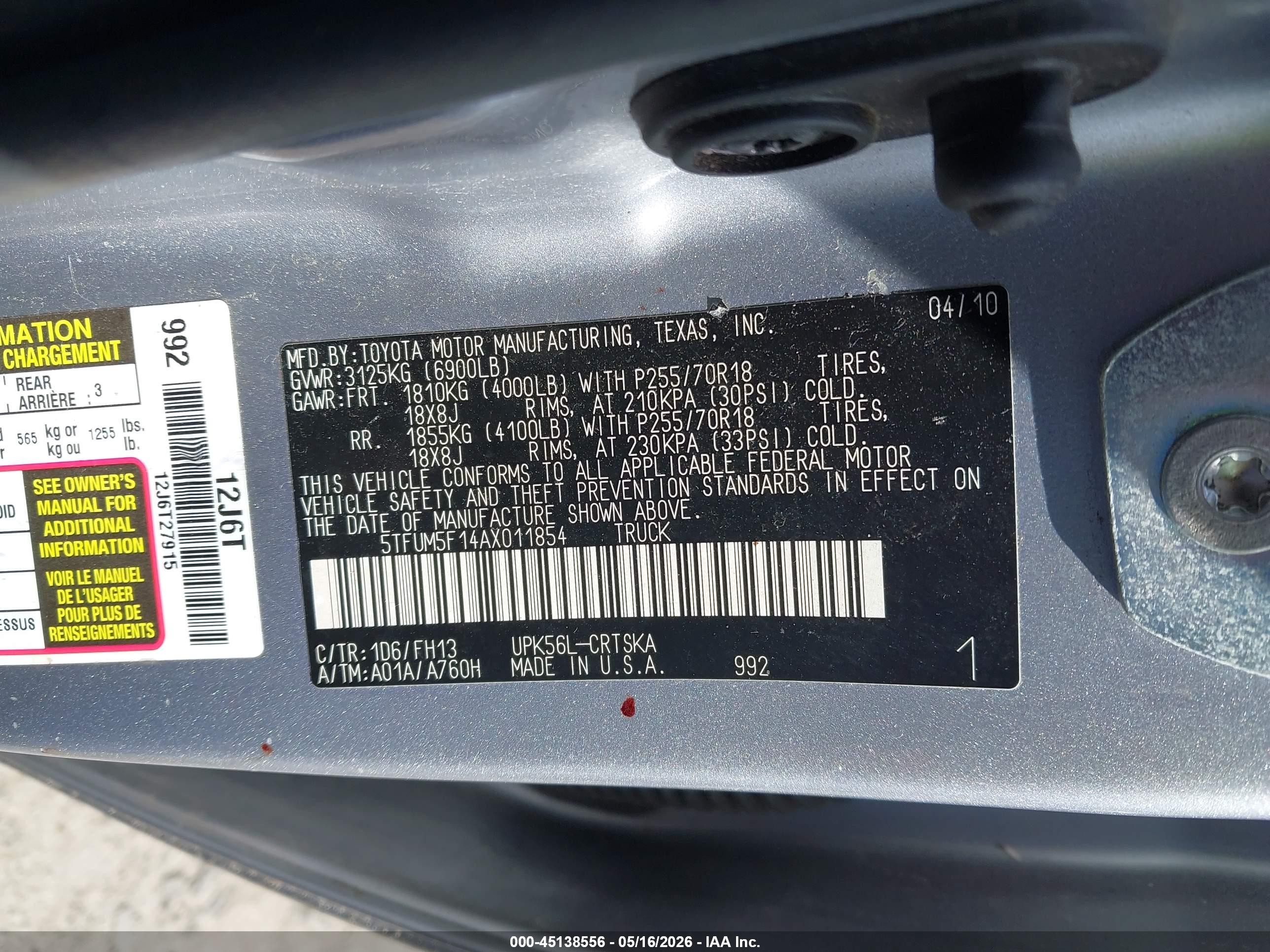 2010 Toyota Tundra Grade 4.6l V8 Silver vin: 5TFUM5F14AX011854