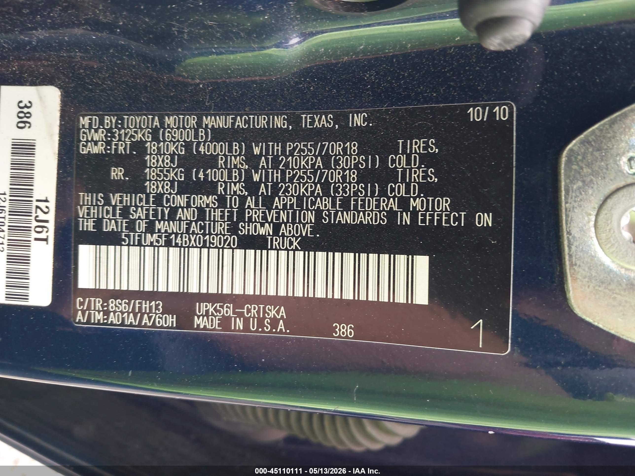 2011 Toyota Tundra Grade 4.6l V8 Blue vin: 5TFUM5F14BX019020