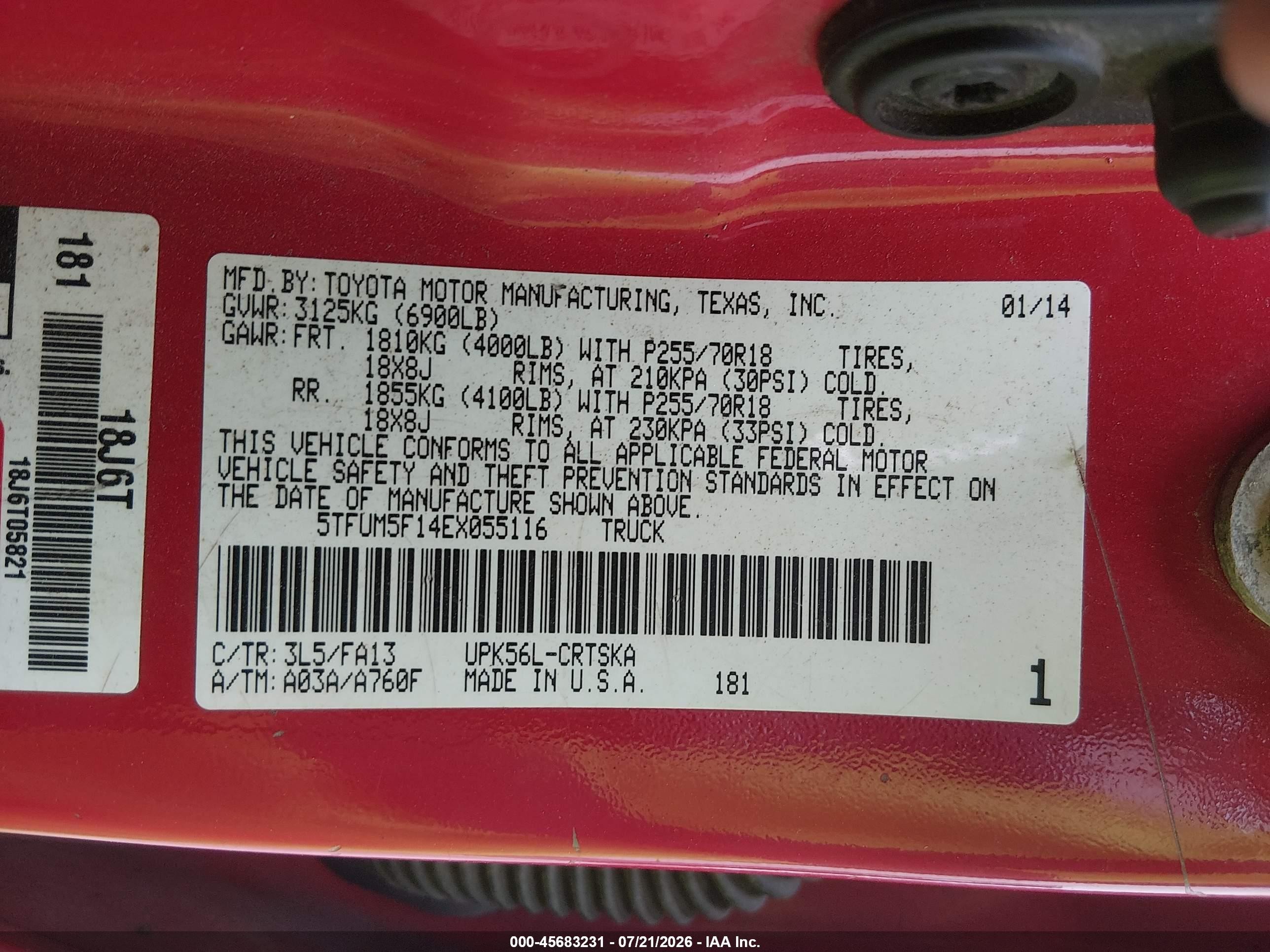 2014 Toyota Tundra Sr 4.6l V8 Красный vin: 5TFUM5F14EX055116