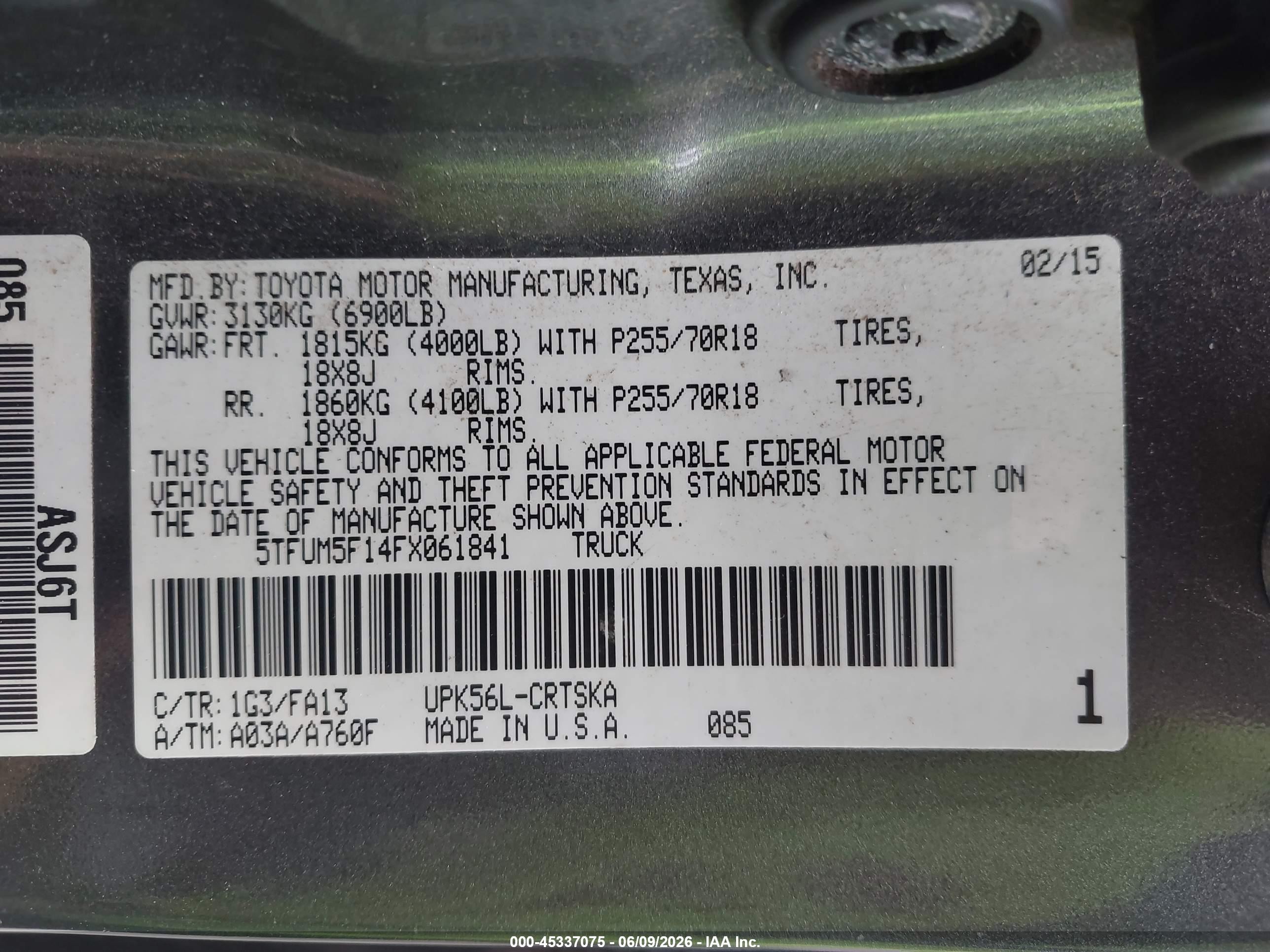 2015 Toyota Tundra Sr 4.6l V8 Gray vin: 5TFUM5F14FX061841