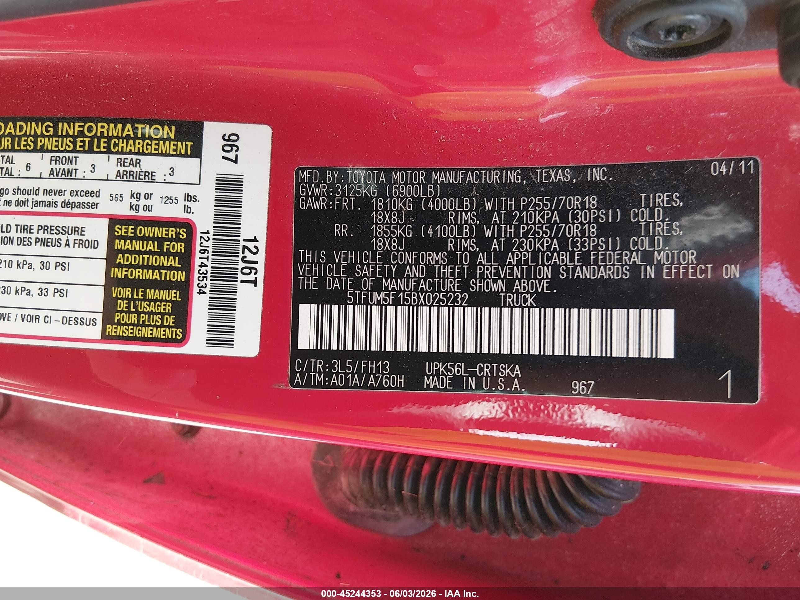 2011 Toyota Tundra Grade 4.6l V8 Красный vin: 5TFUM5F15BX025232