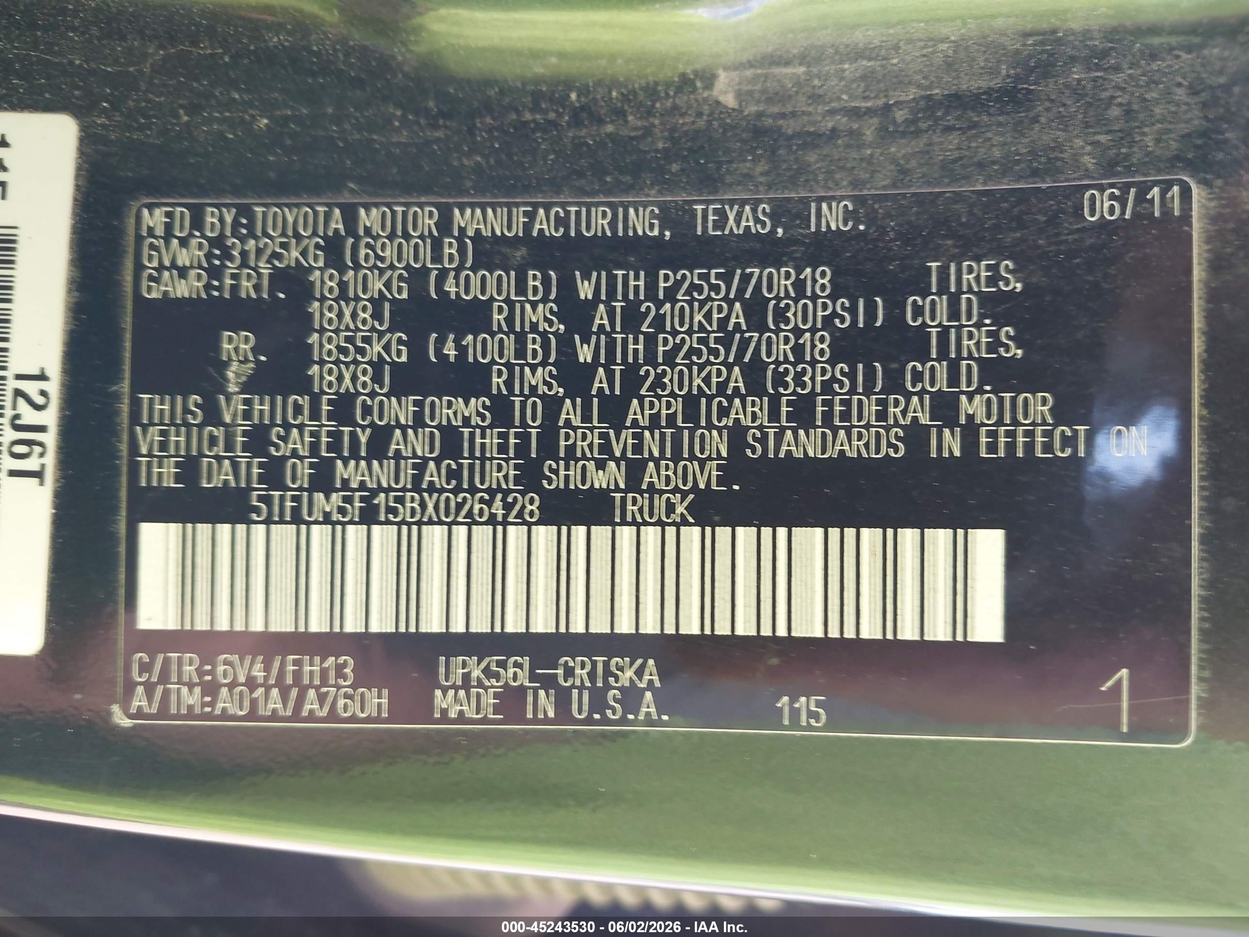 2011 Toyota Tundra Grade 4.6l V8 Green vin: 5TFUM5F15BX026428