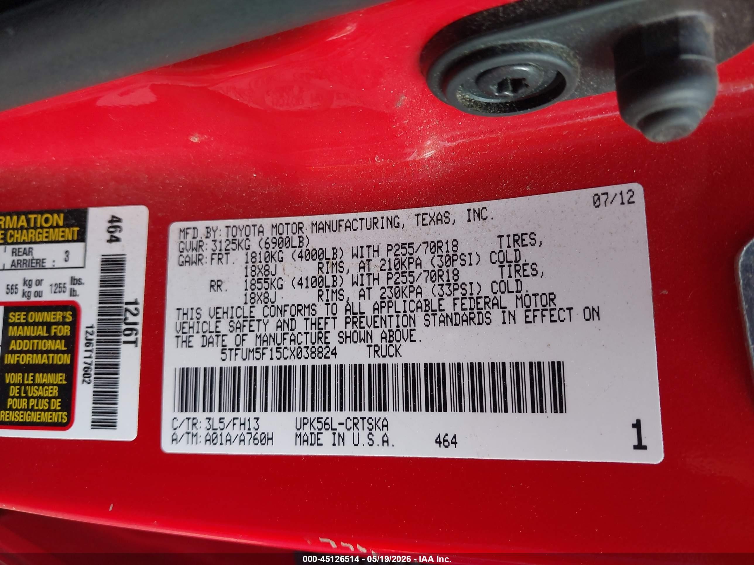 2012 Toyota Tundra Grade 4.6l V8 Red vin: 5TFUM5F15CX038824