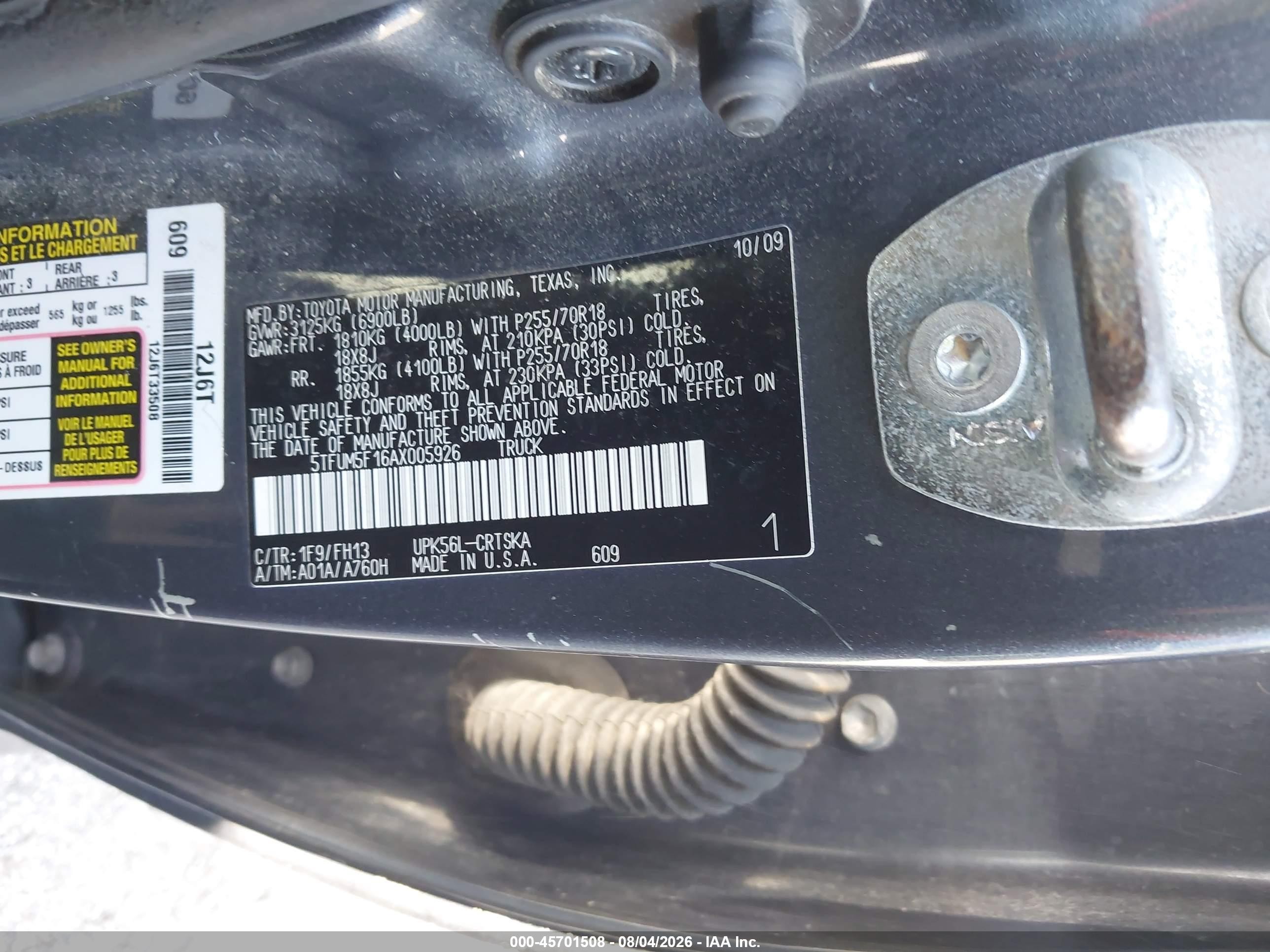 2010 Toyota Tundra Grade 4.6l V8 Gray vin: 5TFUM5F16AX005926