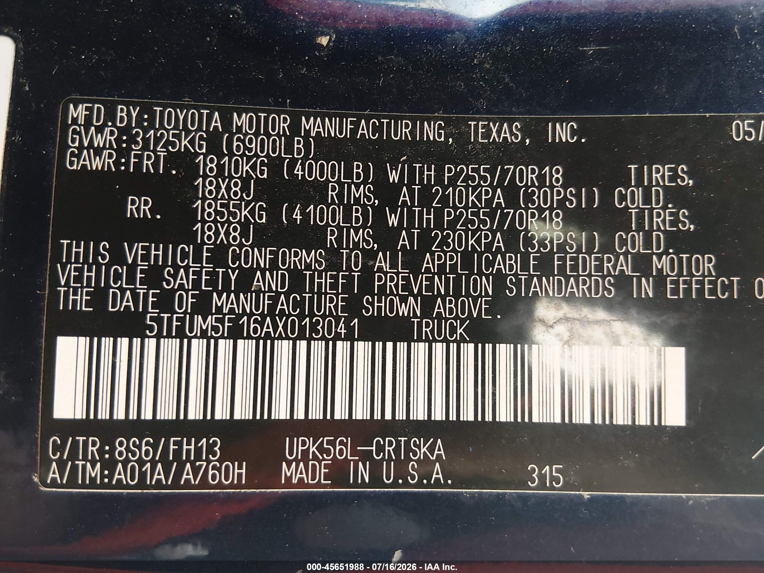 2010 Toyota Tundra Grade 4.6l V8 Синий vin: 5TFUM5F16AX013041