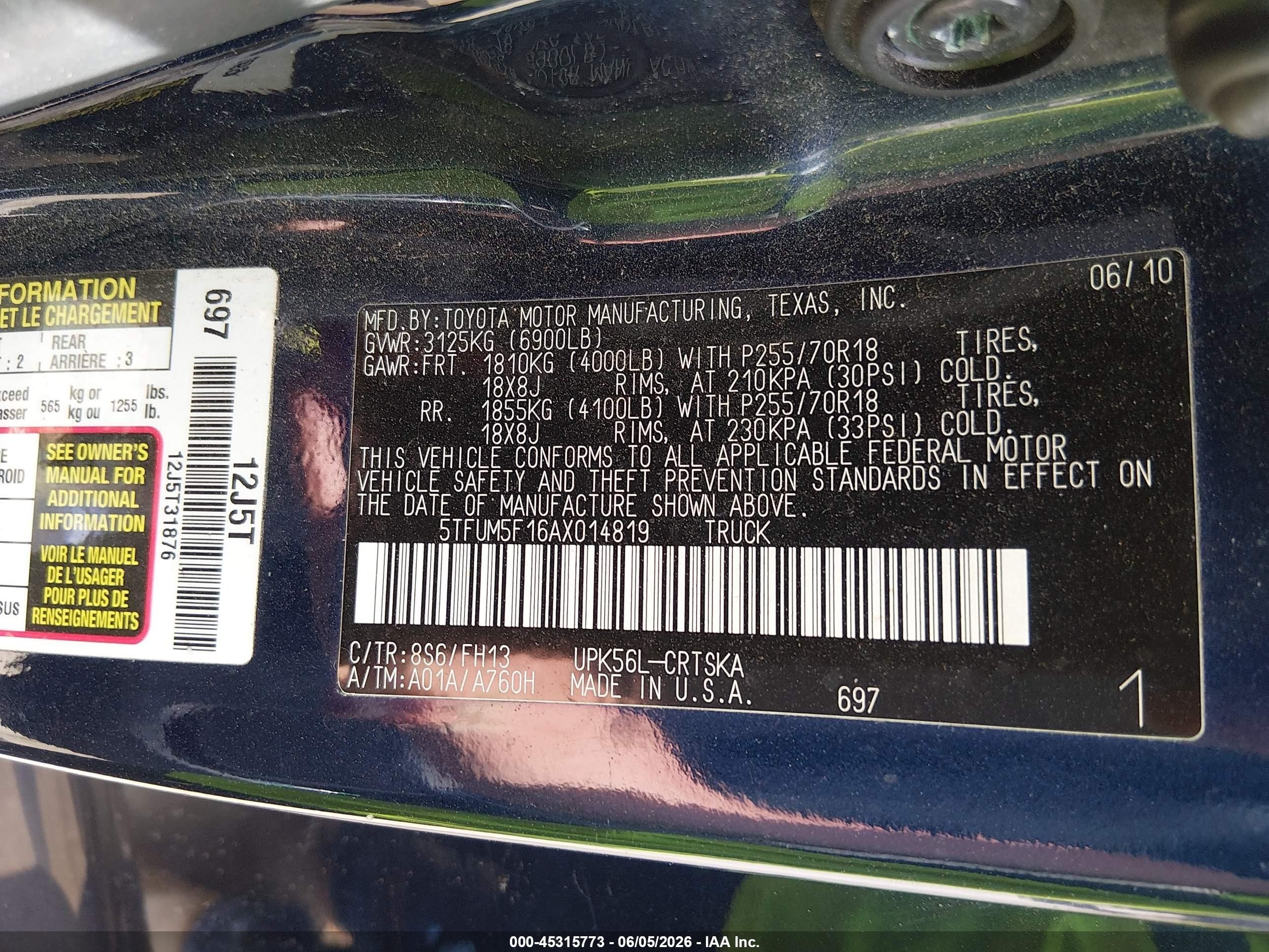 2010 Toyota Tundra Grade 4.6l V8 Blue vin: 5TFUM5F16AX014819