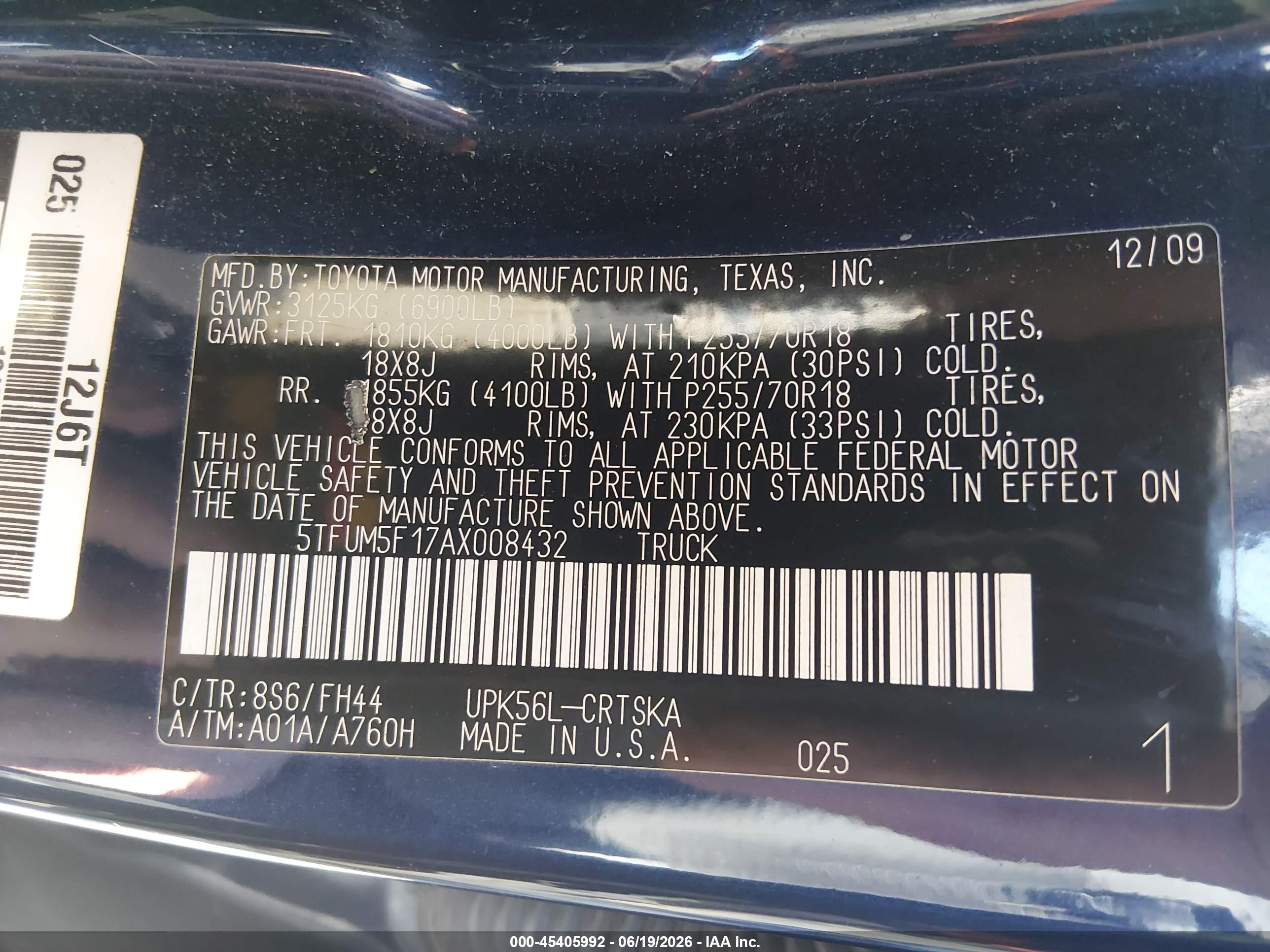 2010 Toyota Tundra Grade 4.6l V8 Синий vin: 5TFUM5F17AX008432