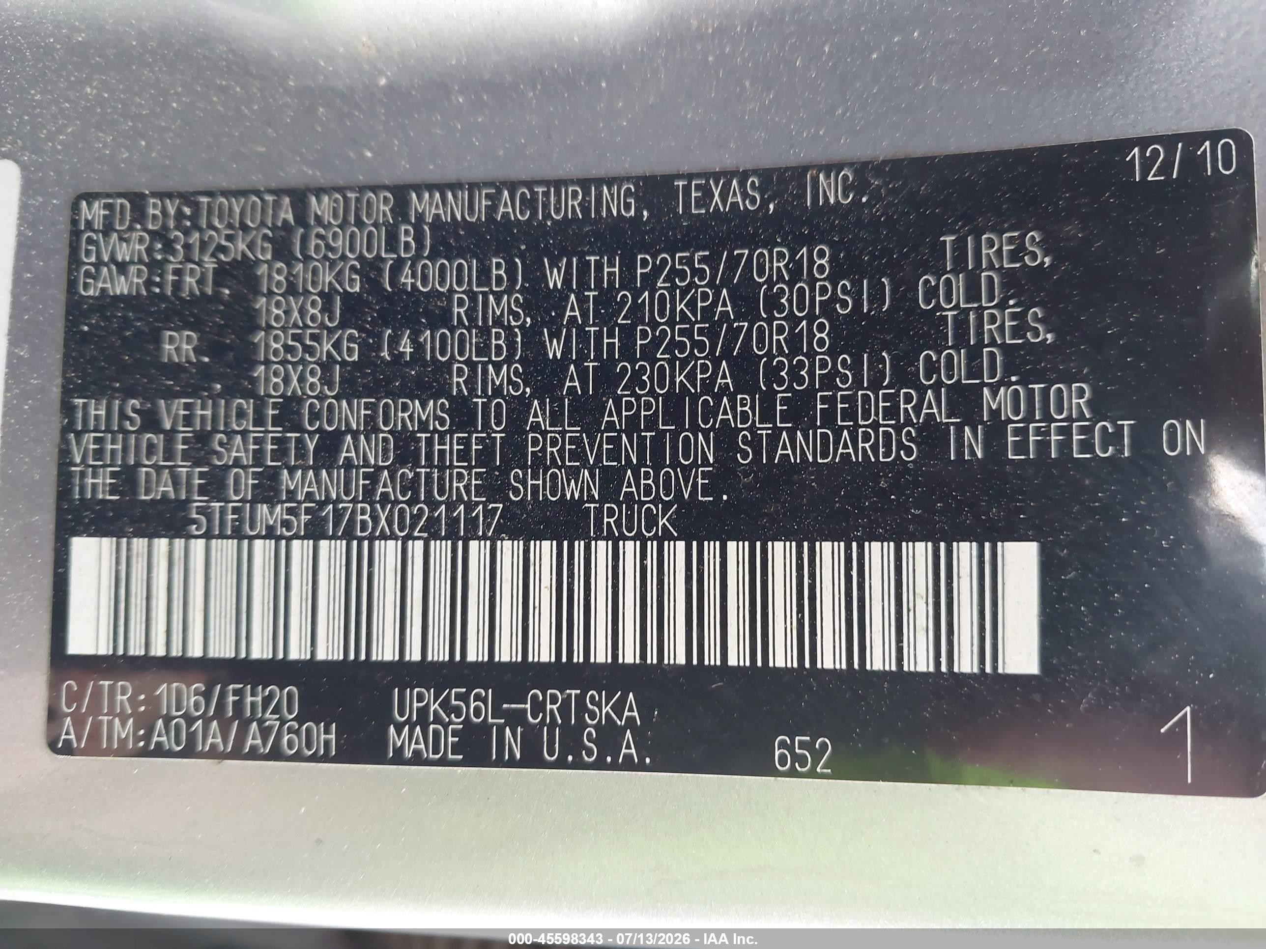 2011 Toyota Tundra Grade 4.6l V8 Серебряный vin: 5TFUM5F17BX021117