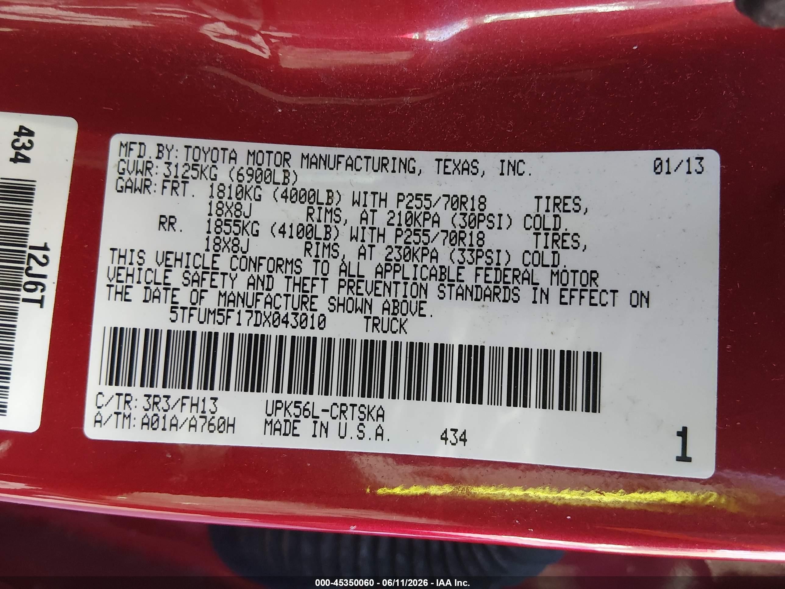 2013 Toyota Tundra Grade 4.6l V8 Red vin: 5TFUM5F17DX043010