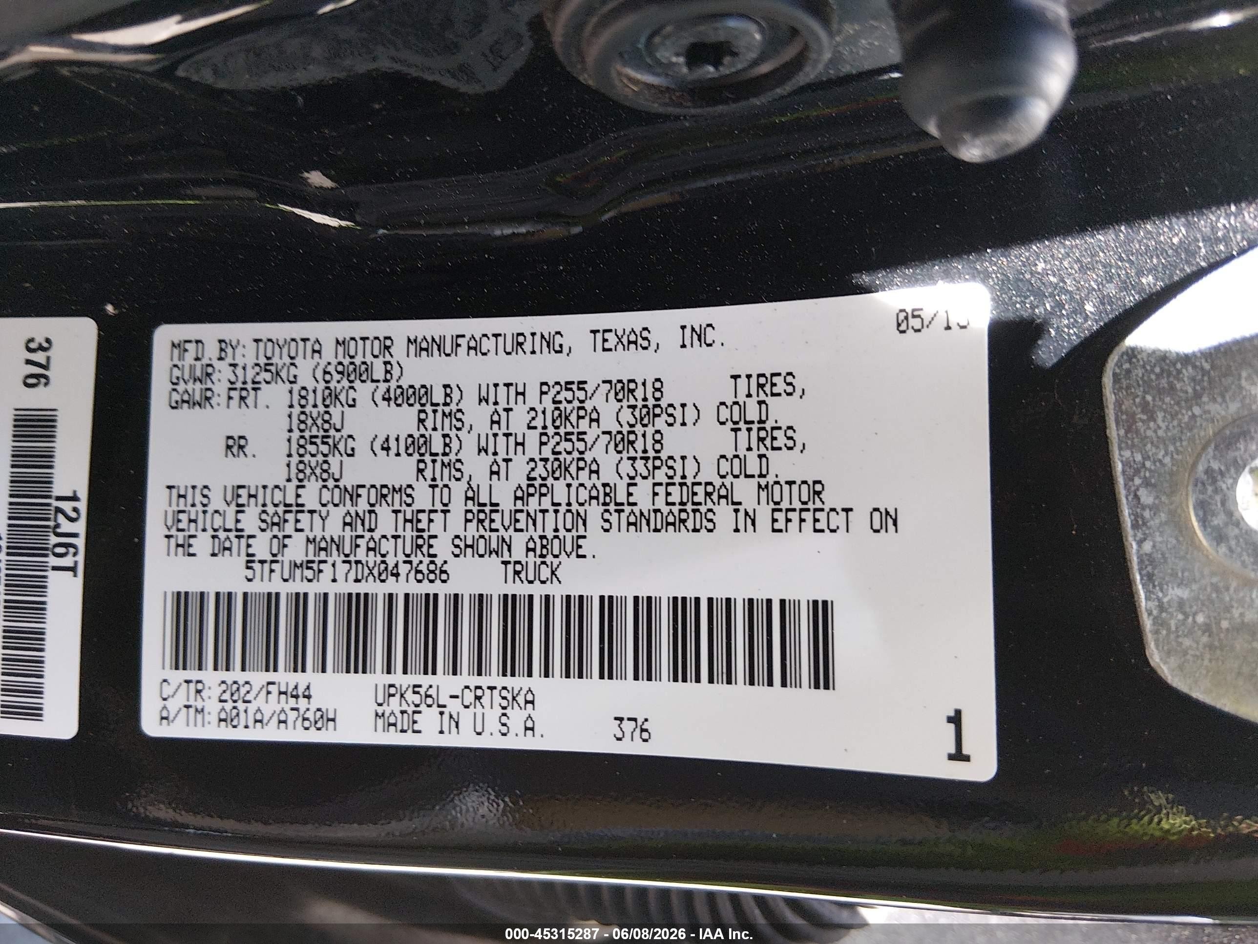 2013 Toyota Tundra Grade 4.6l V8 Черный vin: 5TFUM5F17DX047686