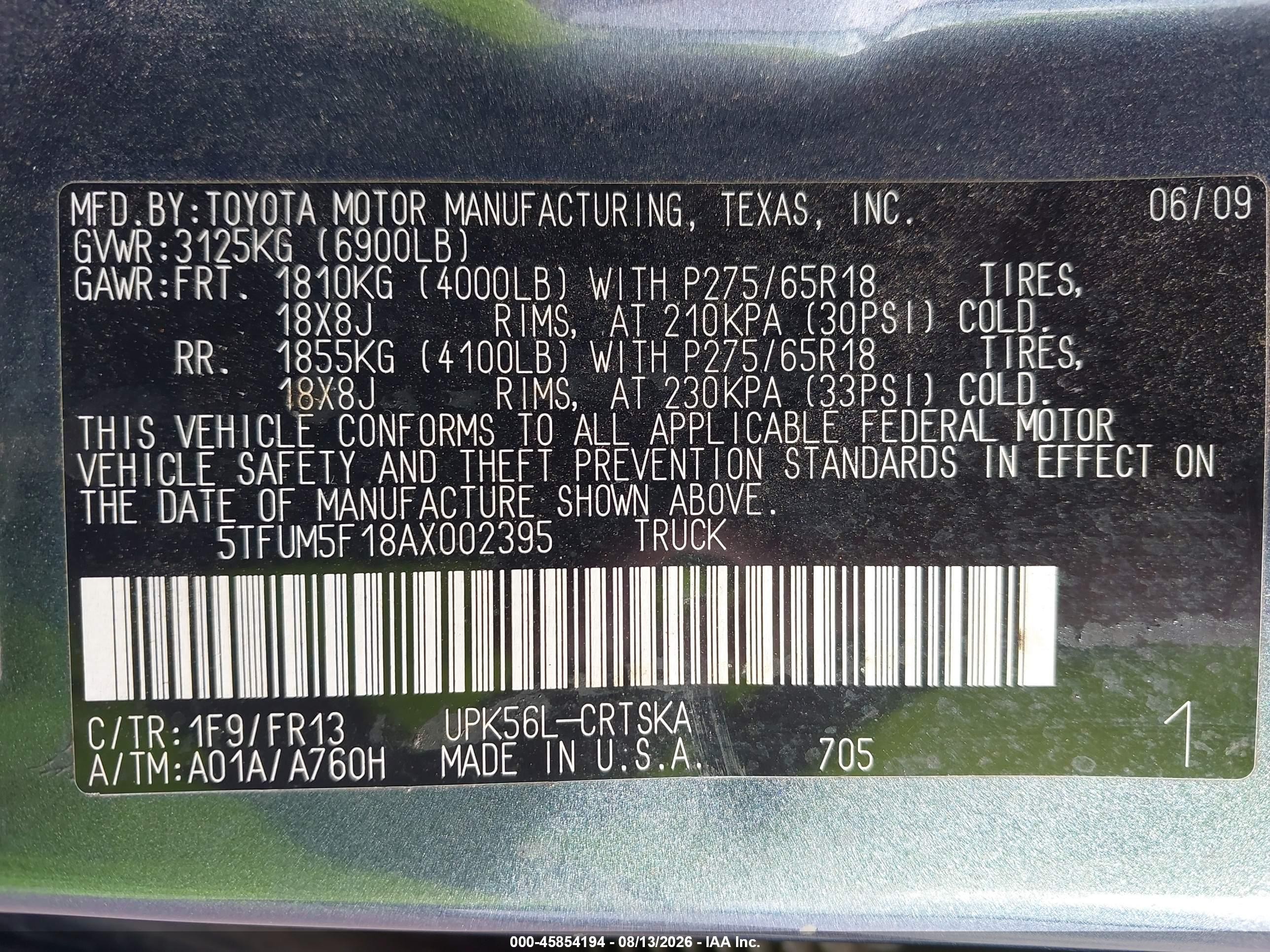 2010 Toyota Tundra Grade 4.6l V8 Blue vin: 5TFUM5F18AX002395