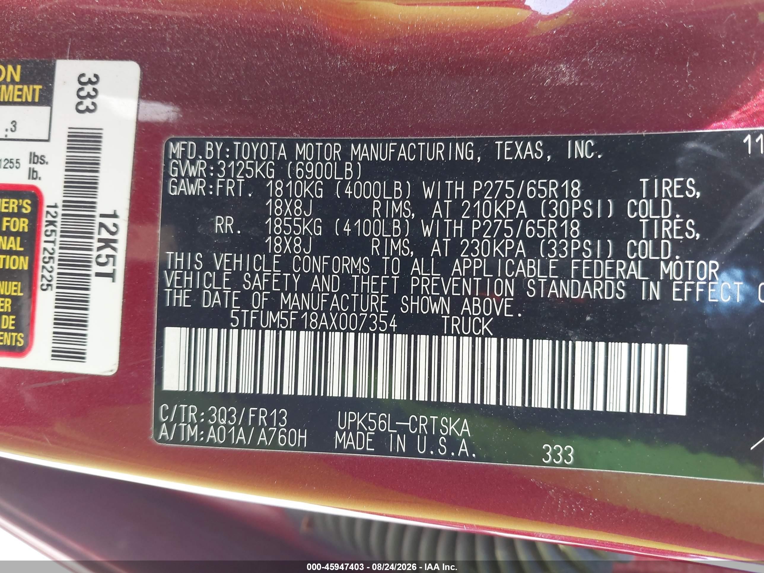 2010 Toyota Tundra Grade 4.6l V8 Бордовый vin: 5TFUM5F18AX007354
