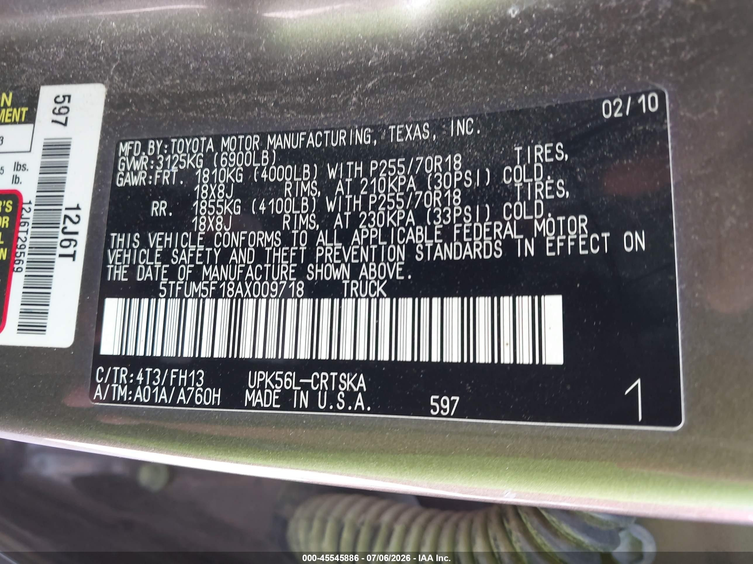 2010 Toyota Tundra Grade 4.6l V8 Beige vin: 5TFUM5F18AX009718