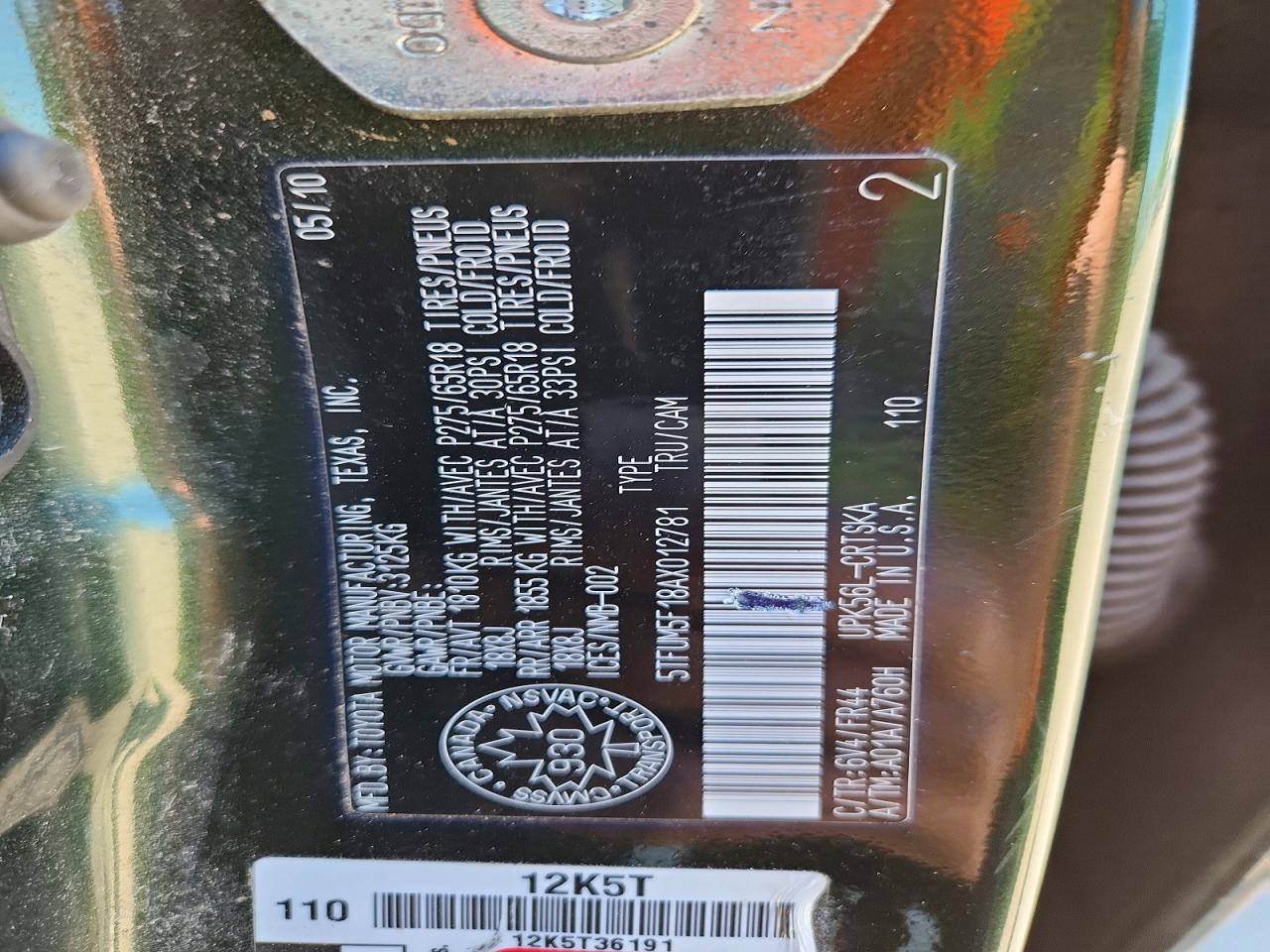 2010 Toyota Tundra Double Cab Sr5 Green vin: 5TFUM5F18AX012781