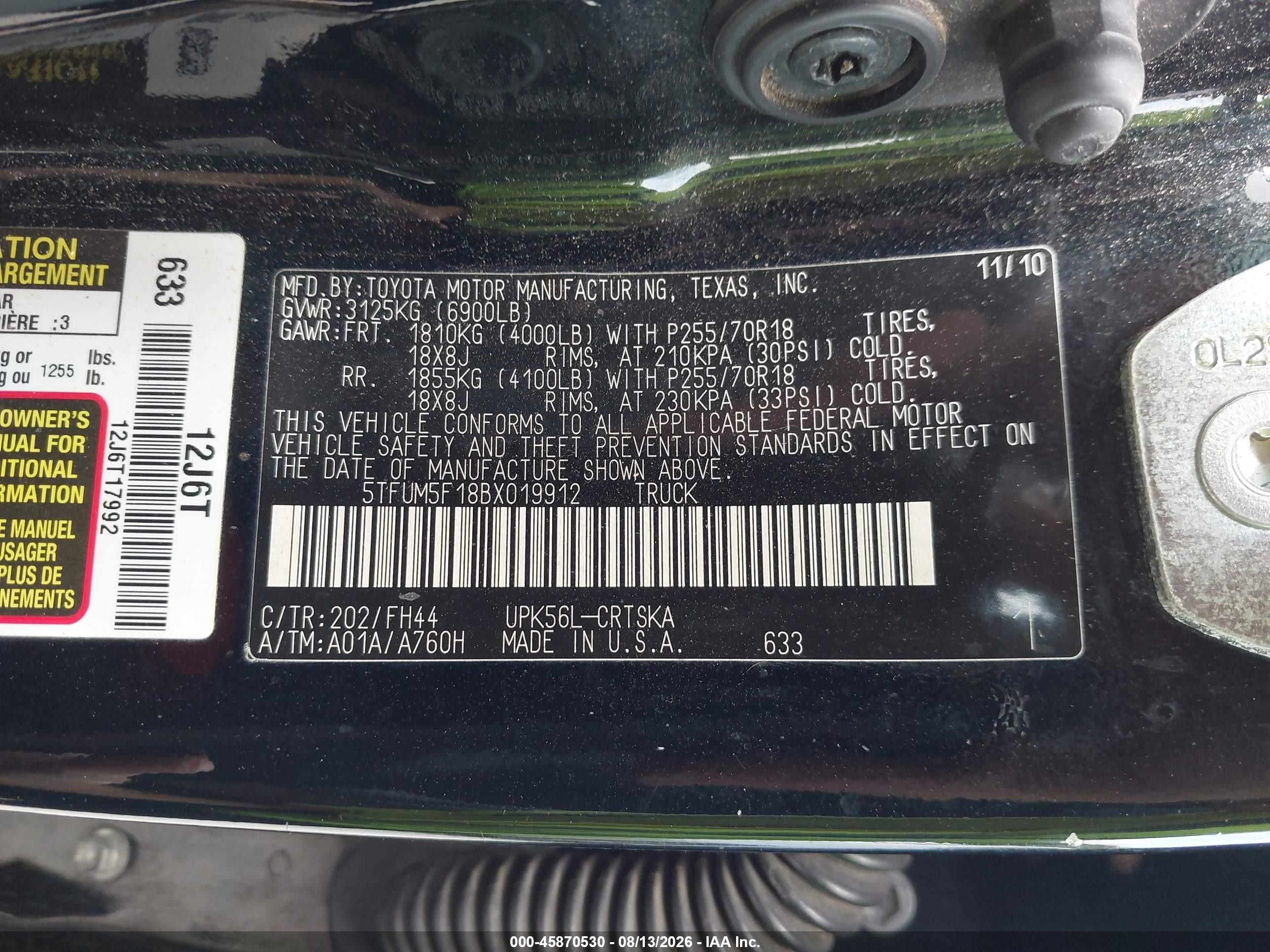 2011 Toyota Tundra Grade 4.6l V8 Черный vin: 5TFUM5F18BX019912
