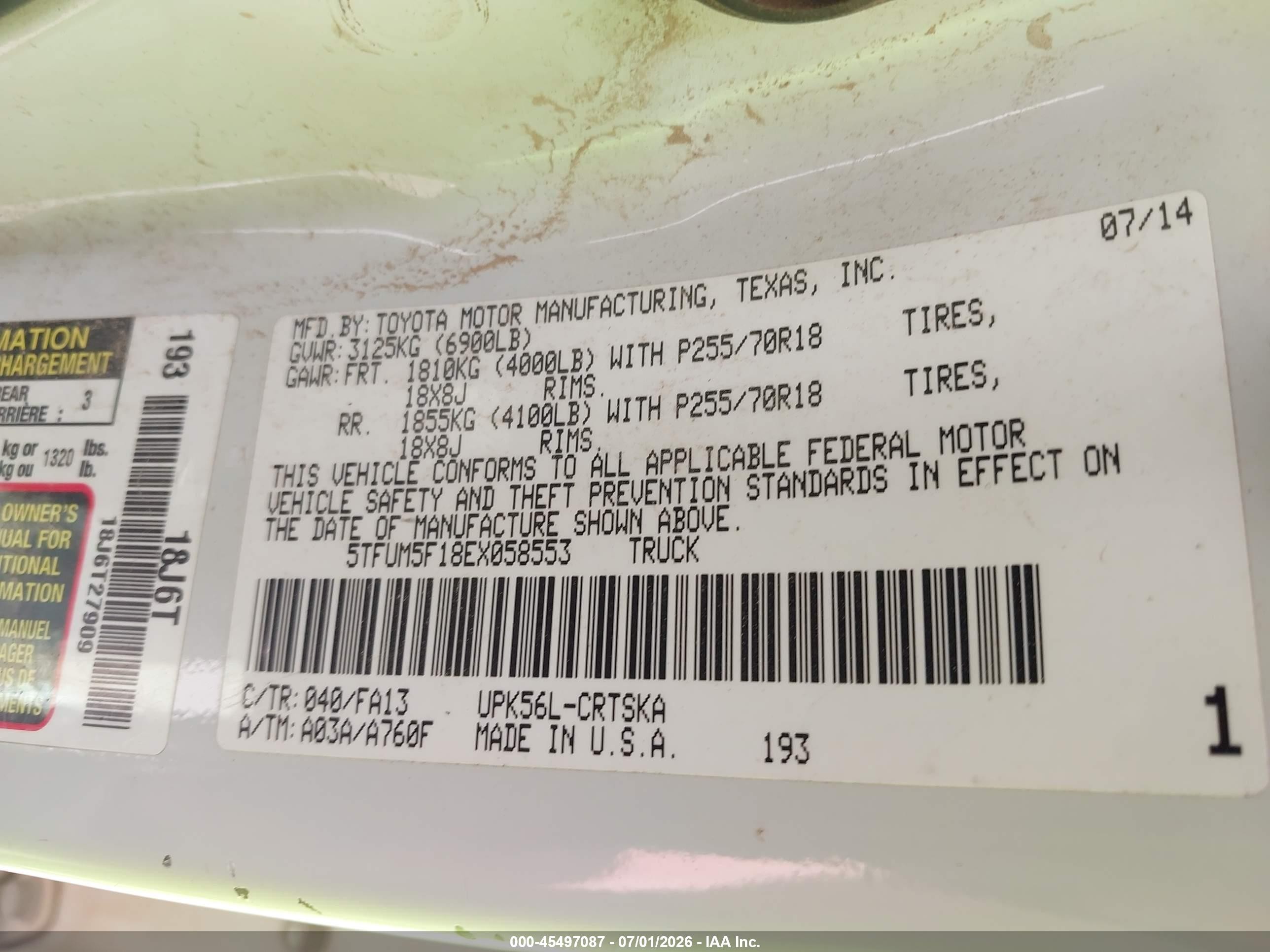 2014 Toyota Tundra Sr 4.6l V8 White vin: 5TFUM5F18EX058553