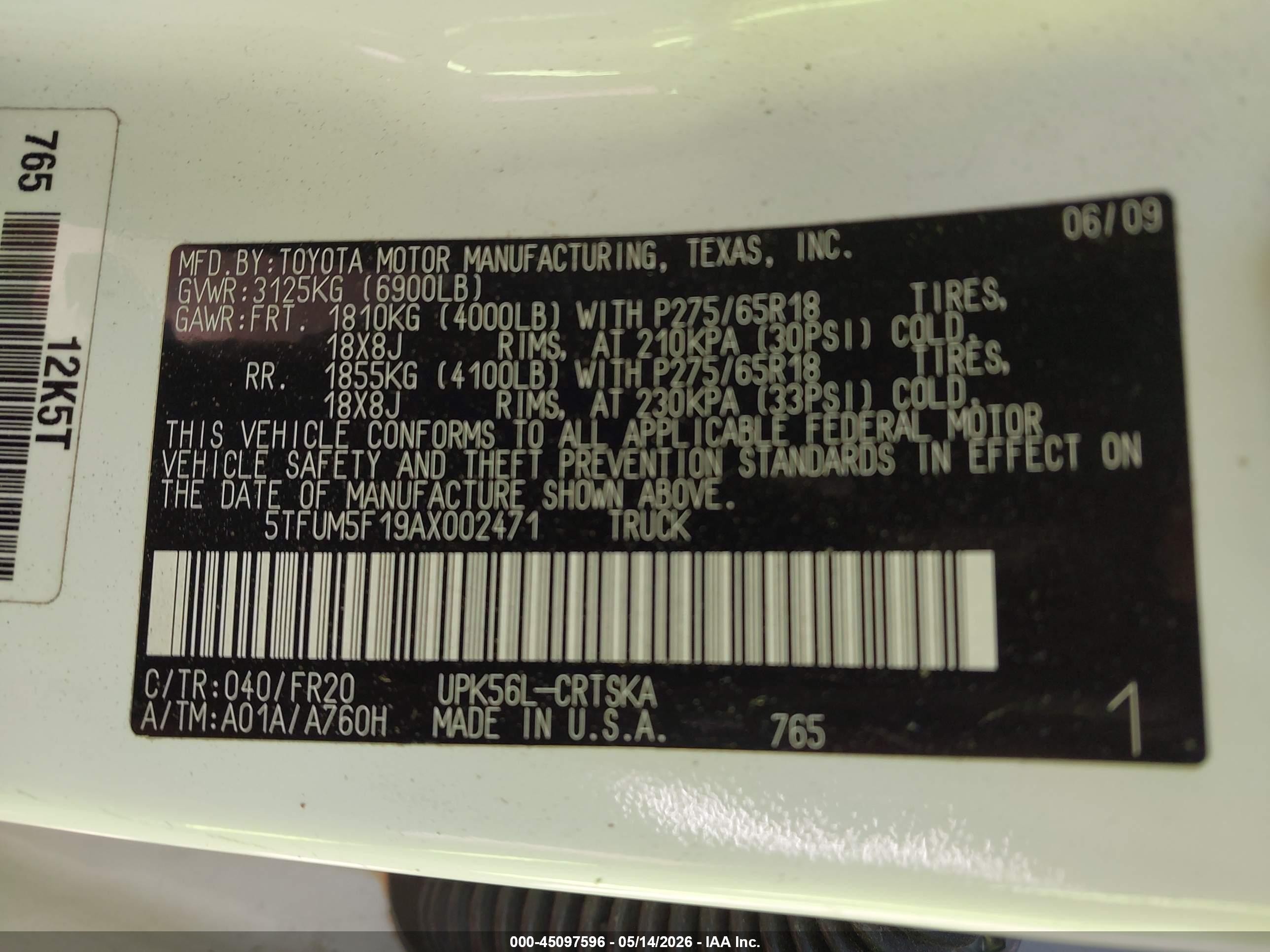 2010 Toyota Tundra Grade 4.6l V8 White vin: 5TFUM5F19AX002471