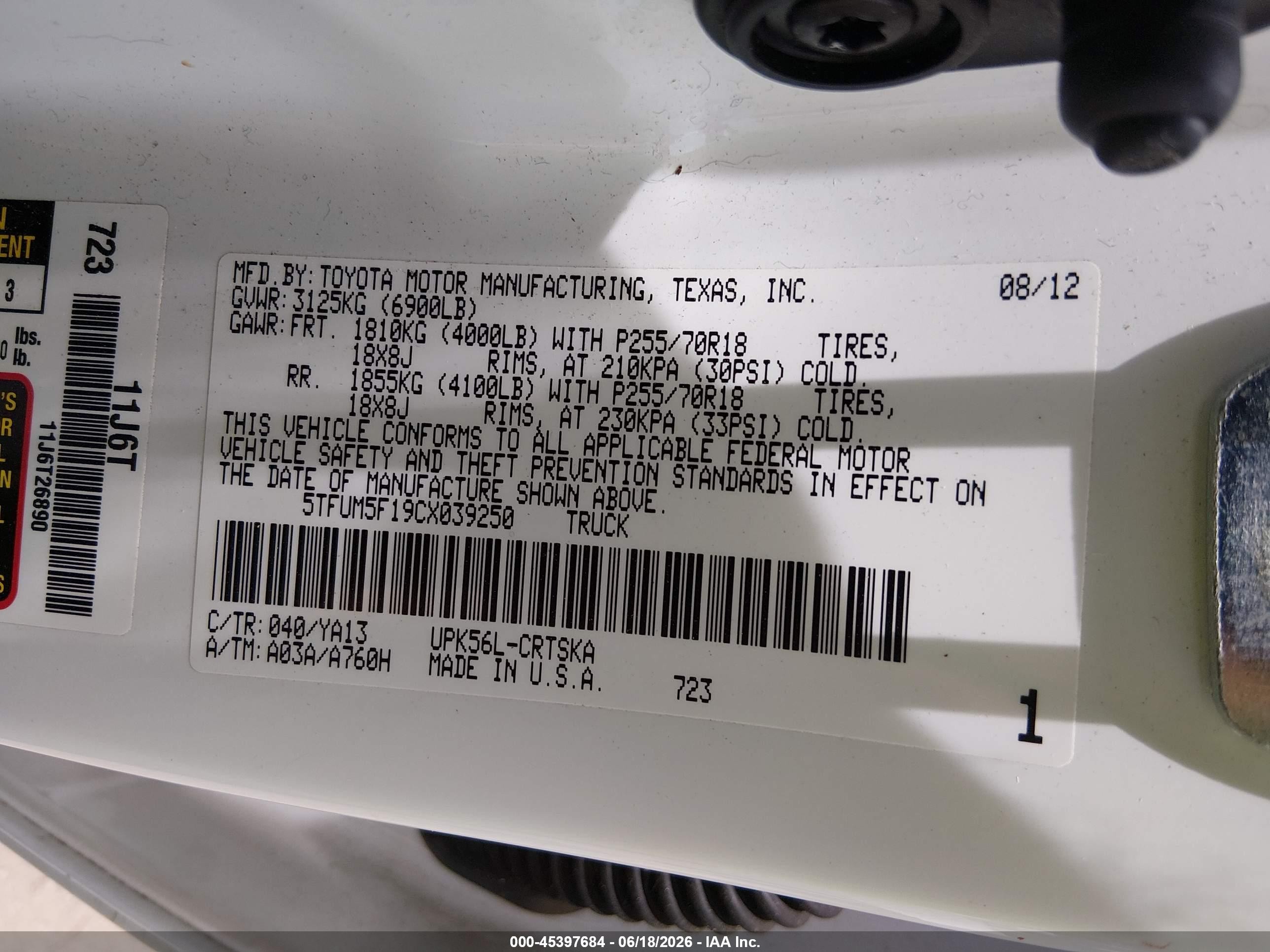 2012 Toyota Tundra Grade 4.6l V8 White vin: 5TFUM5F19CX039250
