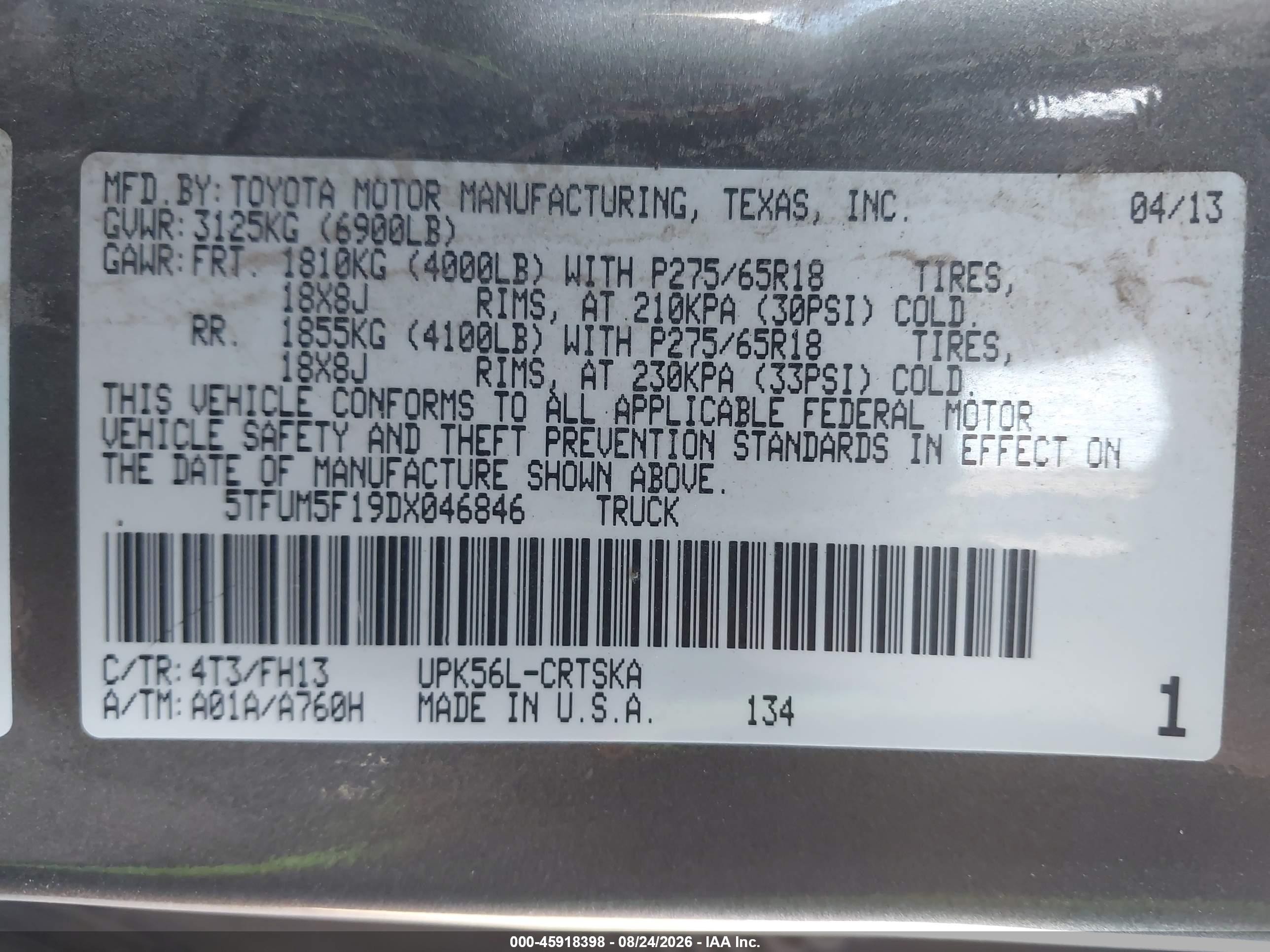 2013 Toyota Tundra Grade 4.6l V8 Gray vin: 5TFUM5F19DX046846