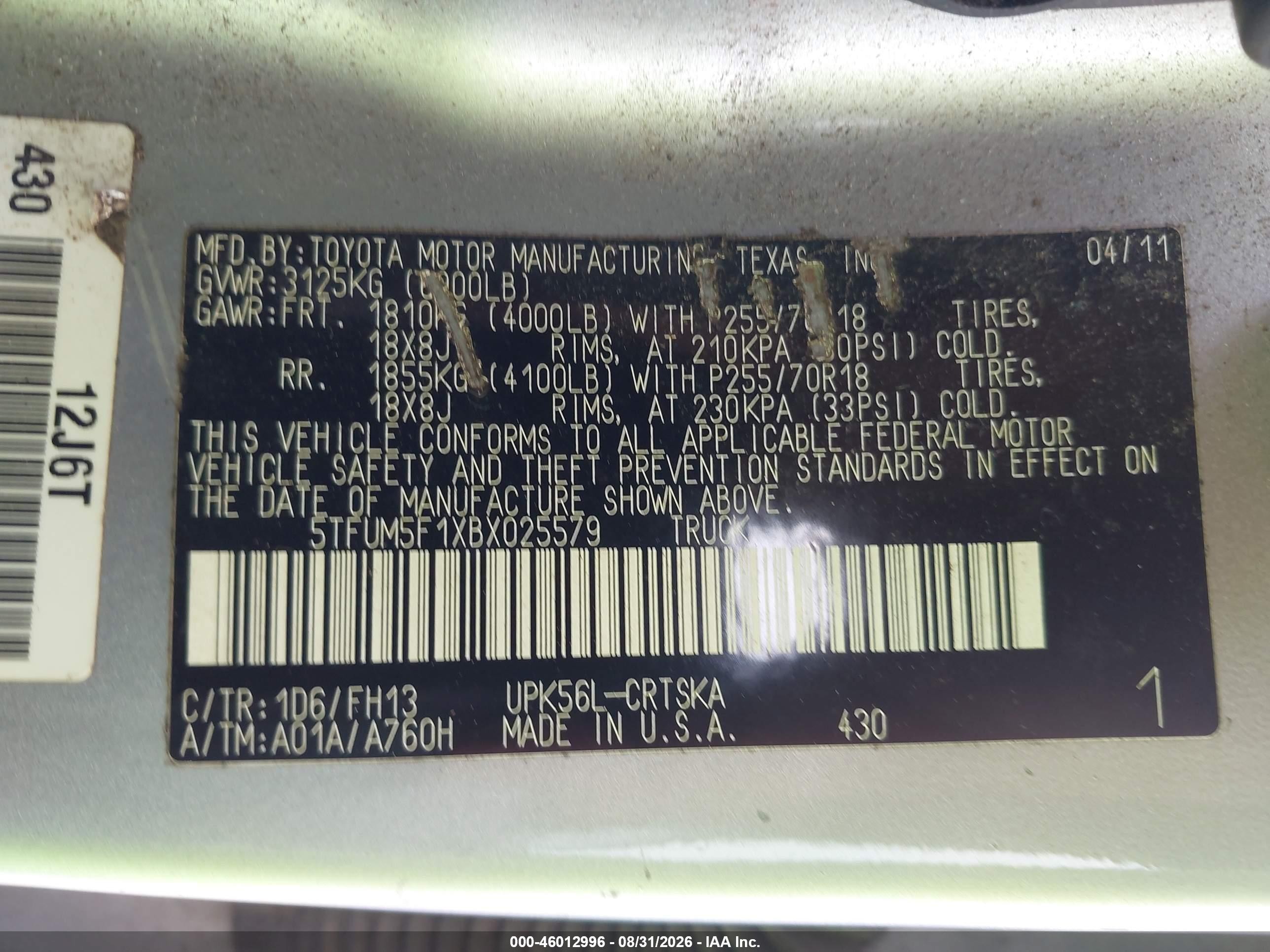2011 Toyota Tundra Grade 4.6l V8 Silver vin: 5TFUM5F1XBX025579