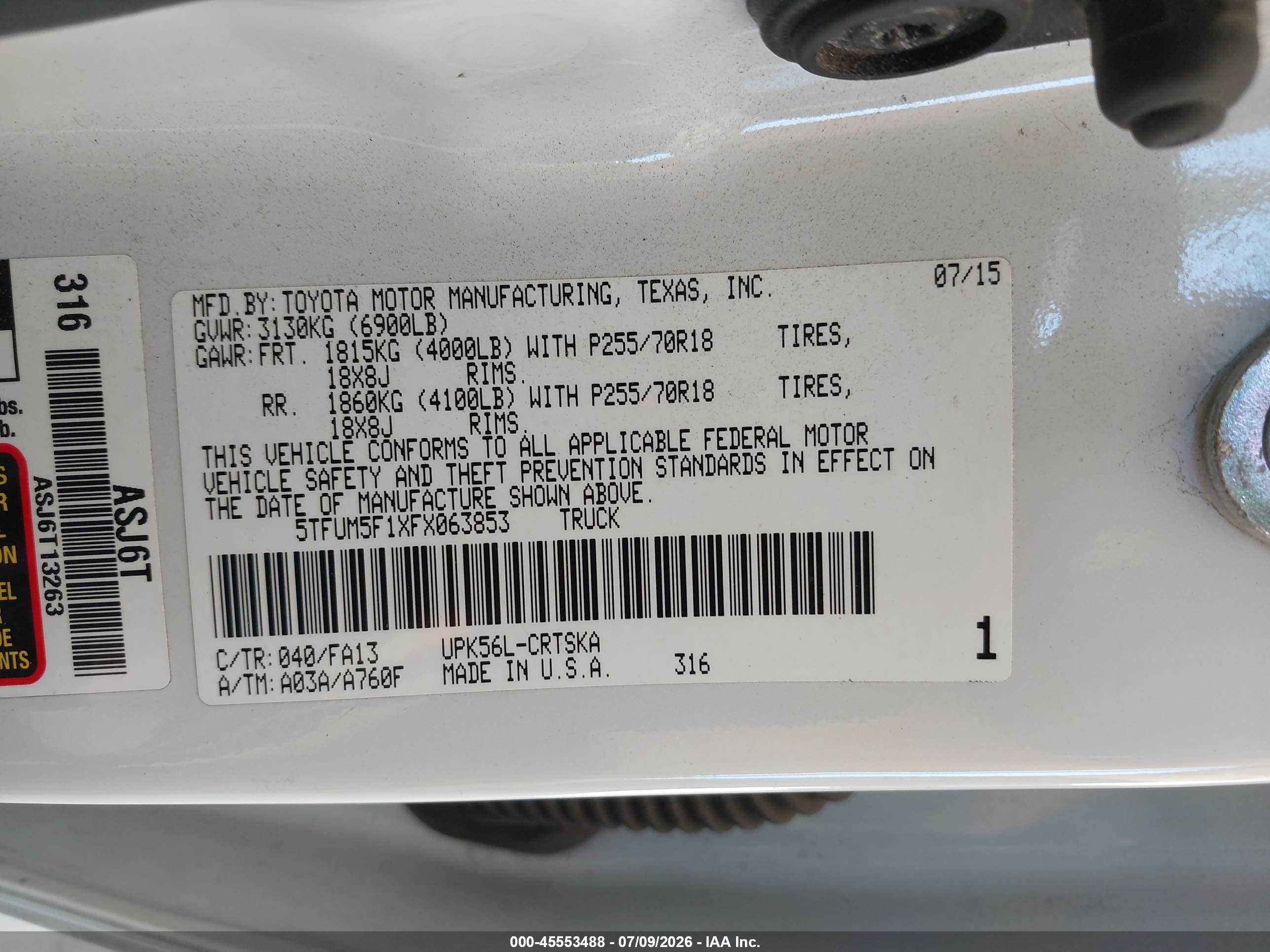 2015 Toyota Tundra Sr 4.6l V8 White vin: 5TFUM5F1XFX063853