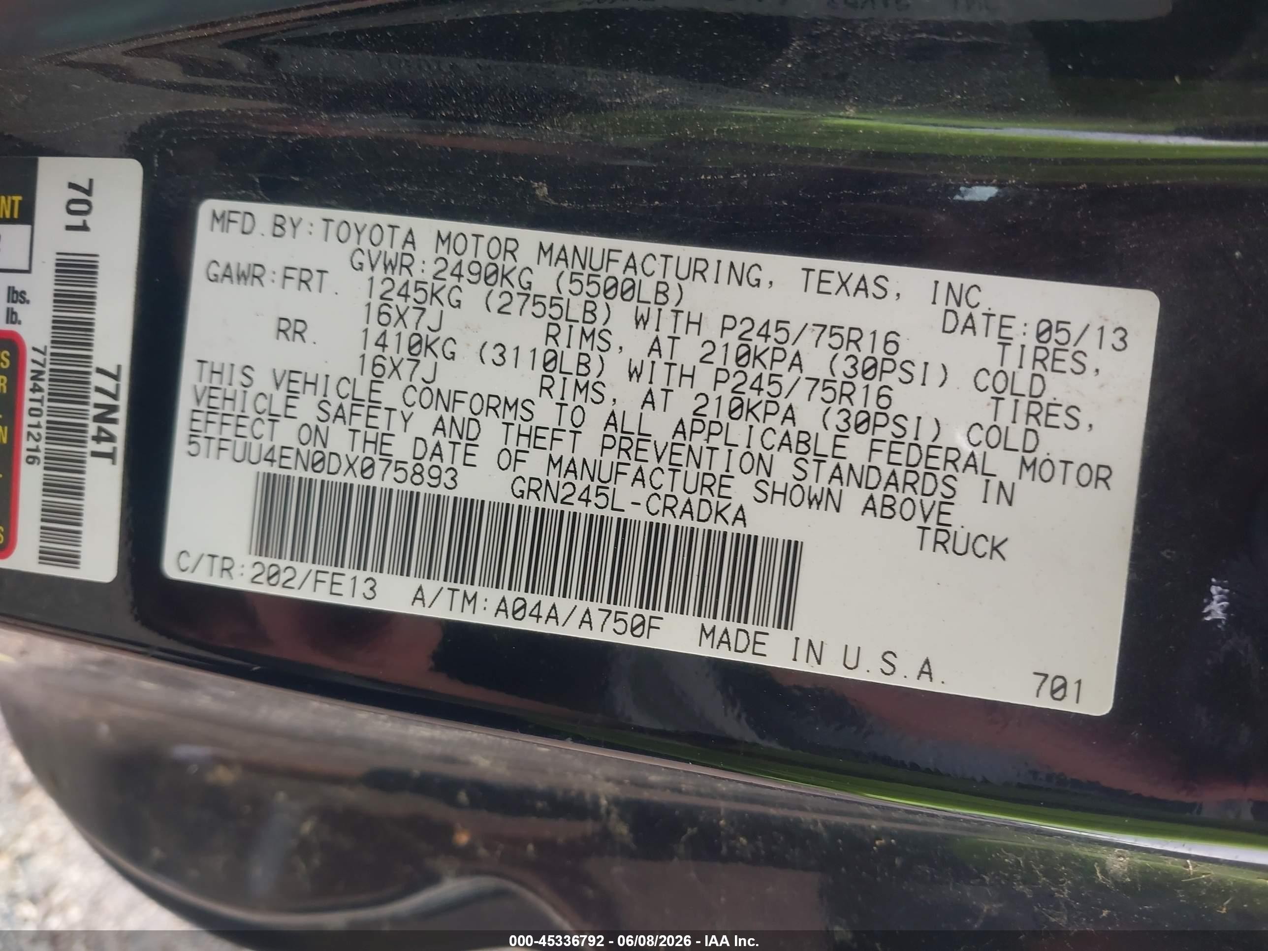 2013 Toyota Tacoma Base V6 Black vin: 5TFUU4EN0DX075893
