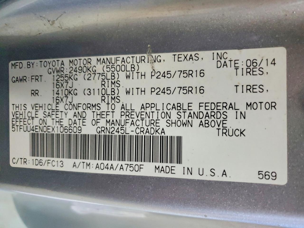 2014 Toyota Tacoma V6 Silver vin: 5TFUU4EN0EX106609
