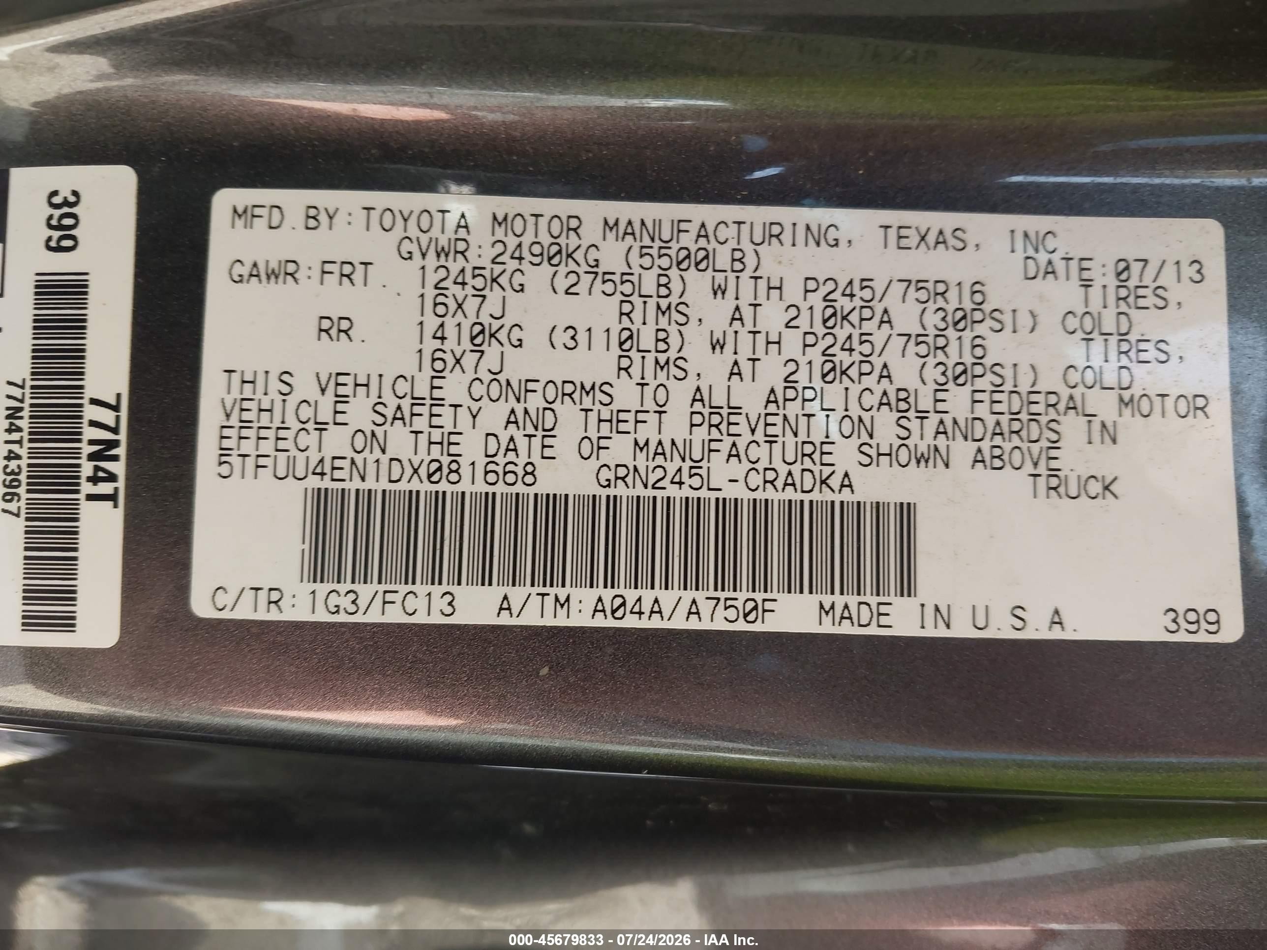 2013 Toyota Tacoma Base V6 Gray vin: 5TFUU4EN1DX081668