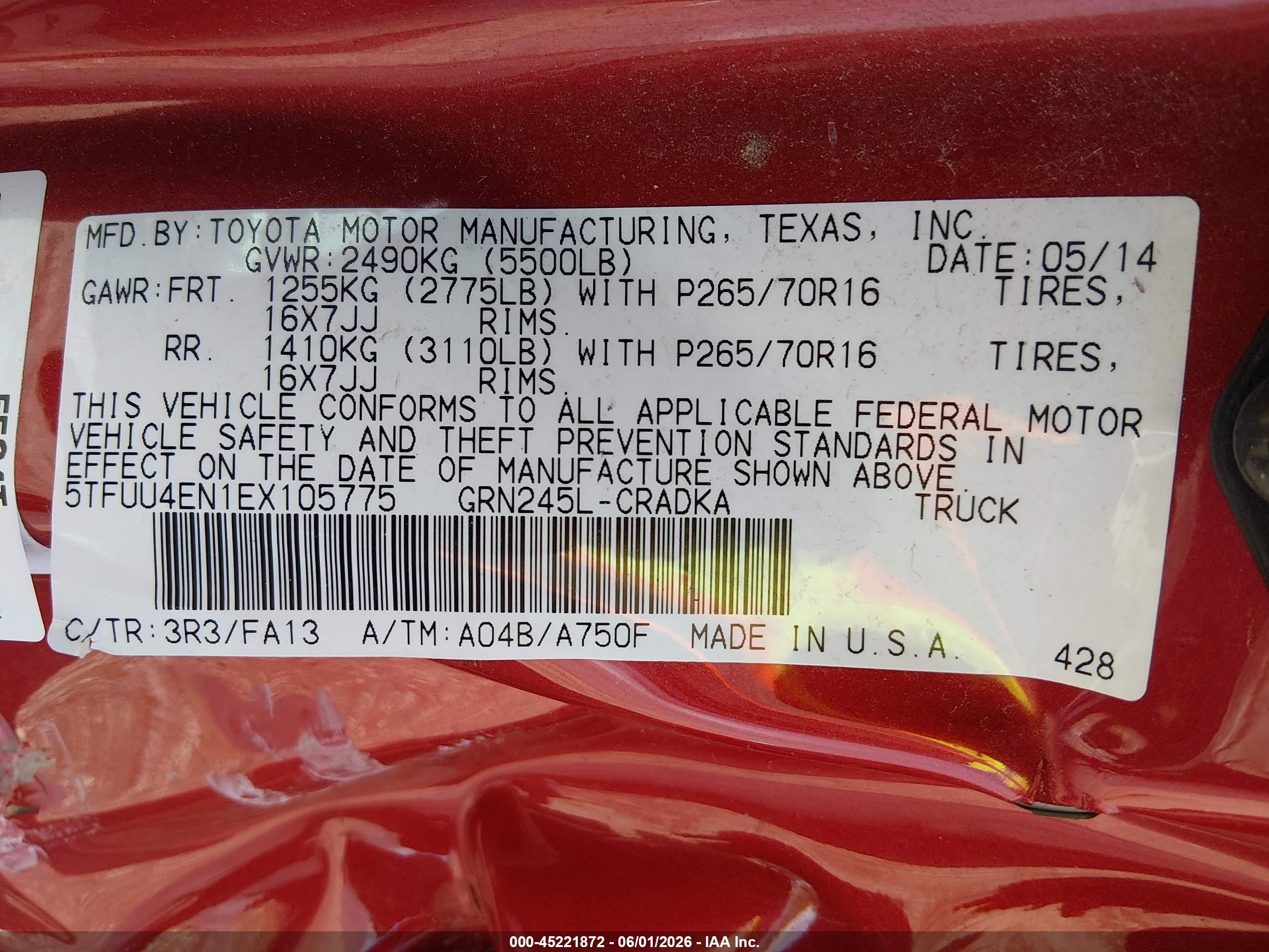 2014 Toyota Tacoma Base V6 Red vin: 5TFUU4EN1EX105775