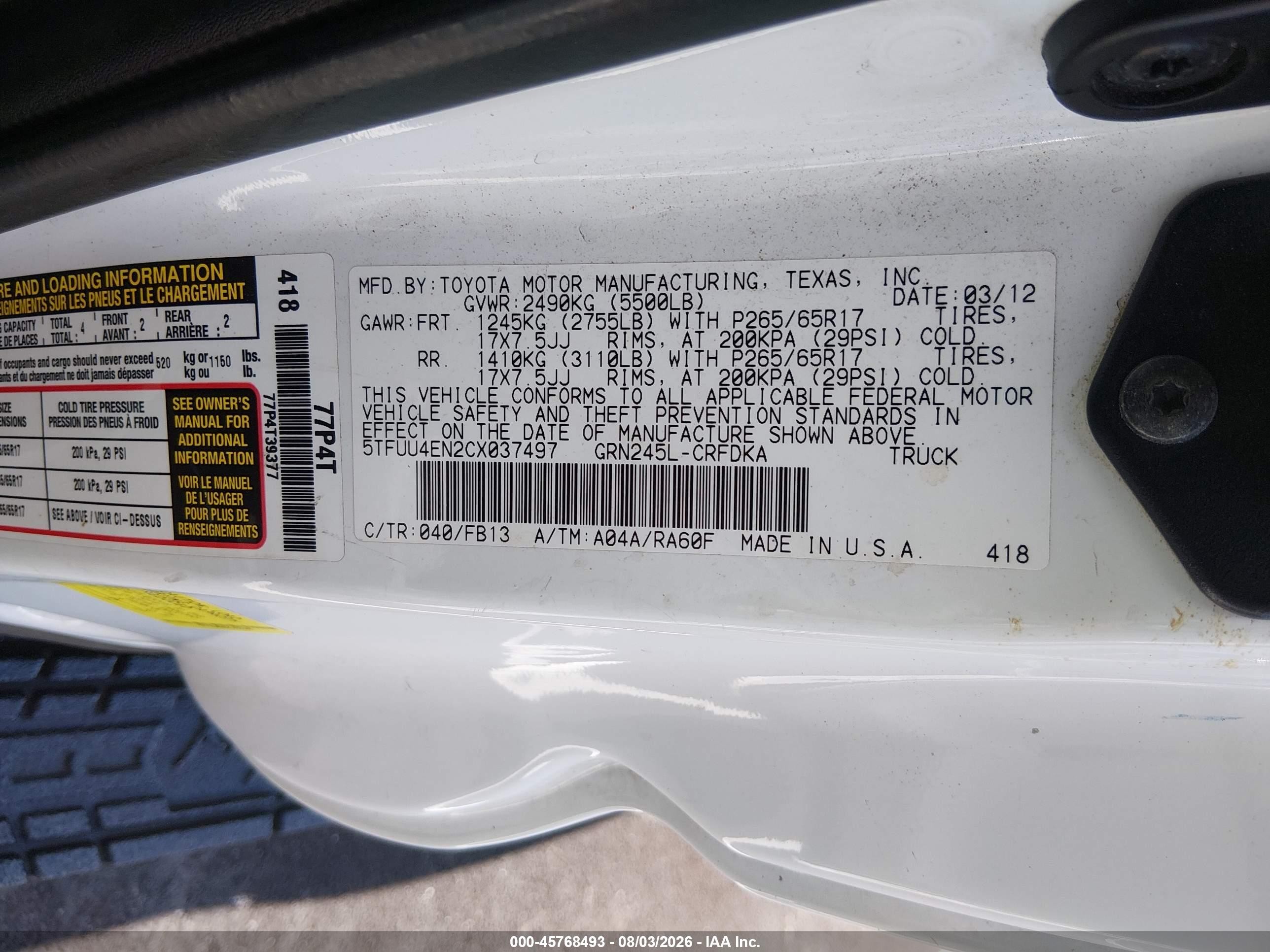 2012 Toyota Tacoma   White vin: 5TFUU4EN2CX037497