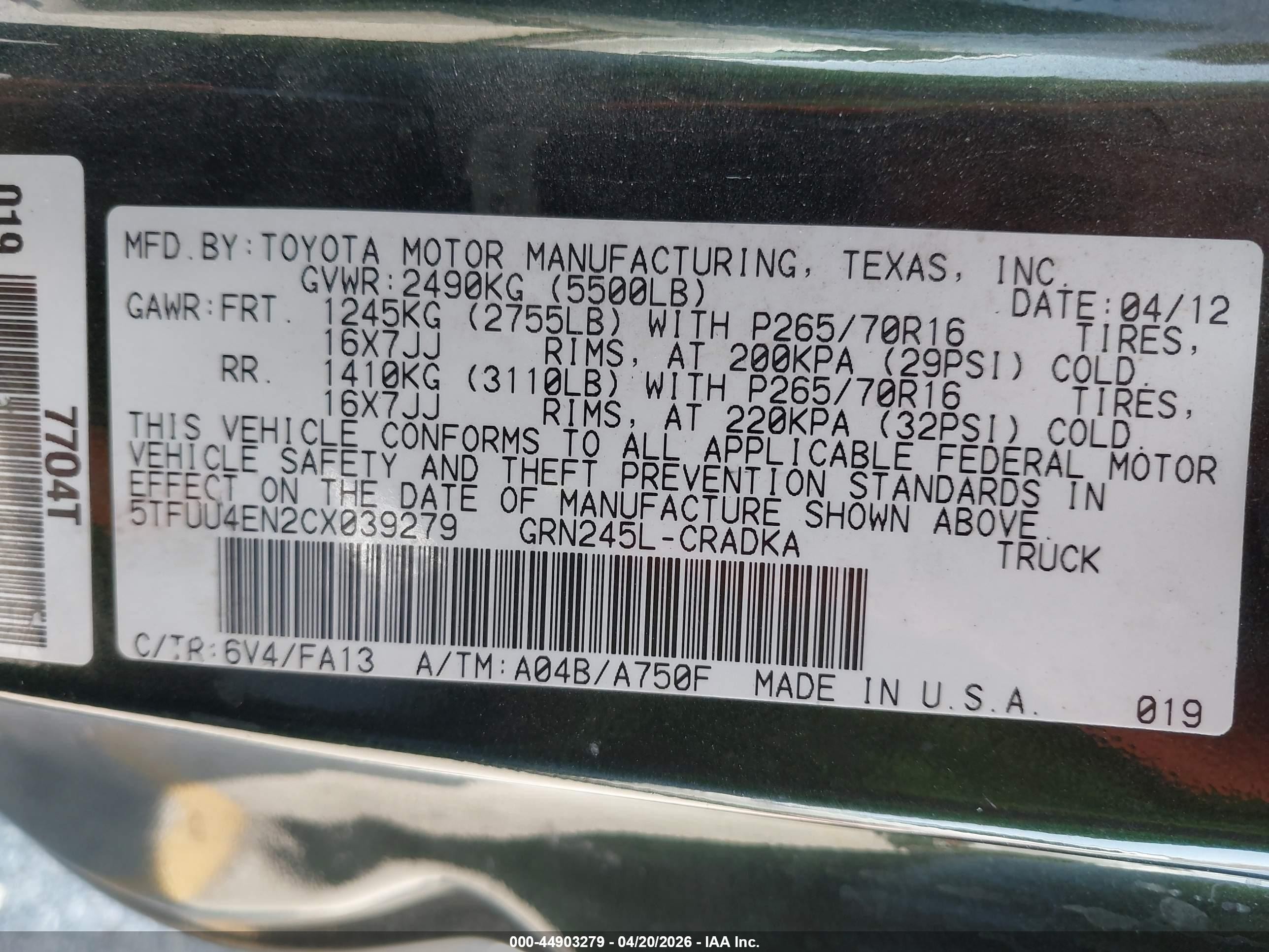 2012 Toyota Tacoma Base V6 Green vin: 5TFUU4EN2CX039279