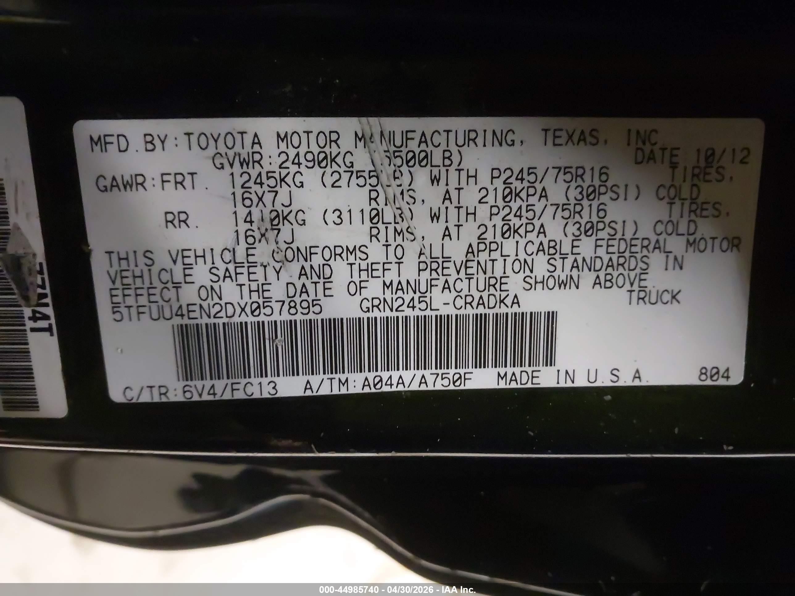 2013 Toyota Tacoma Base V6 Green vin: 5TFUU4EN2DX057895