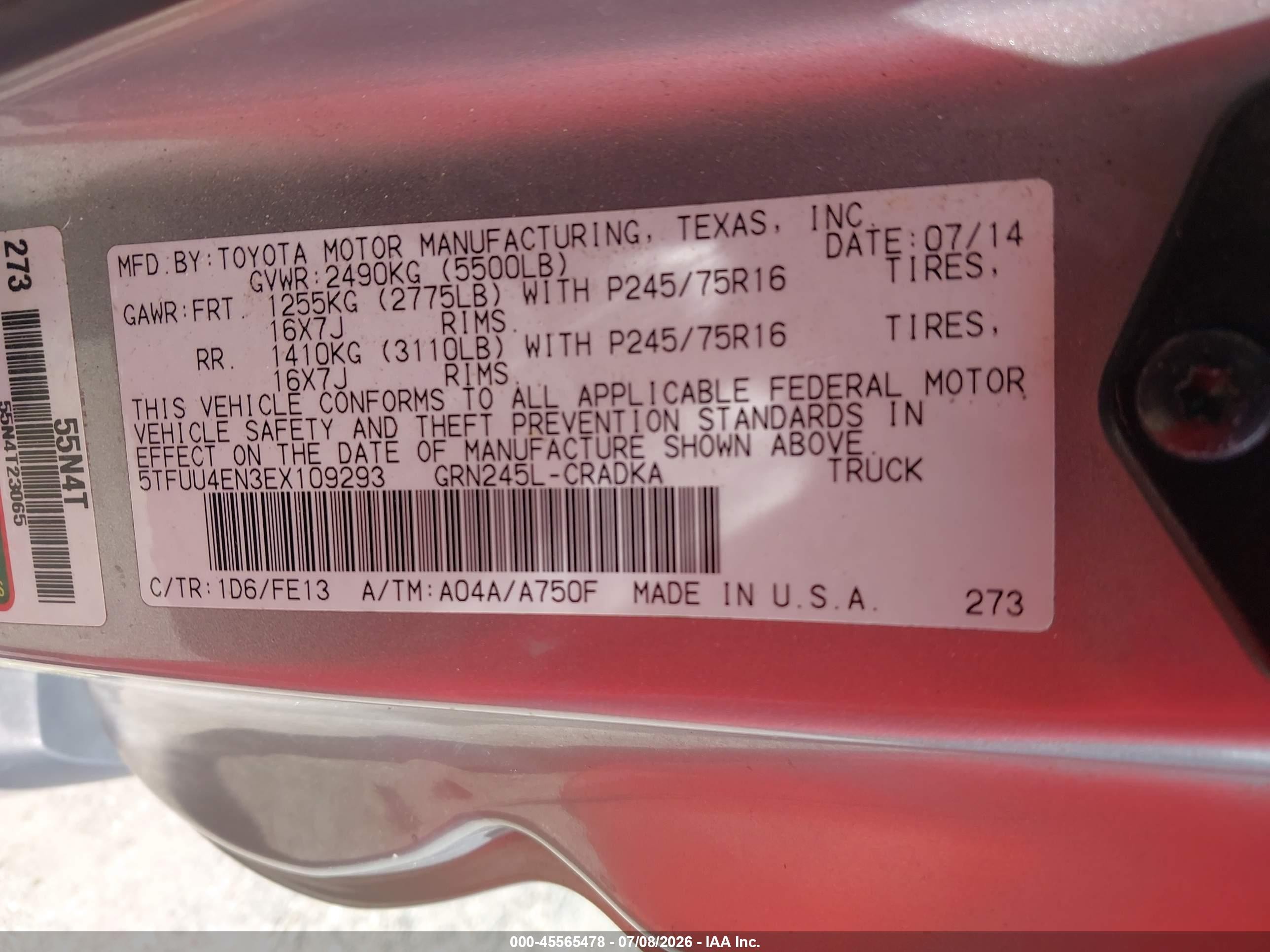 2014 Toyota Tacoma Base V6 Gray vin: 5TFUU4EN3EX109293