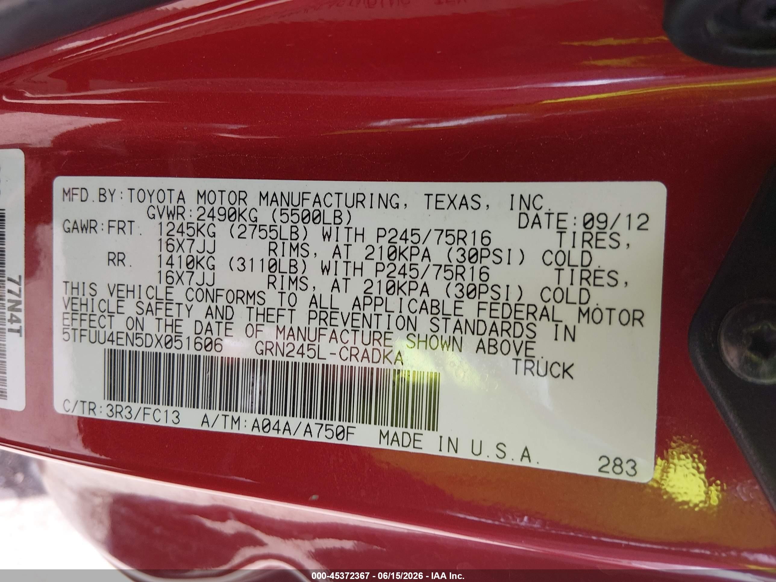 2013 Toyota Tacoma Base V6 Red vin: 5TFUU4EN5DX051606
