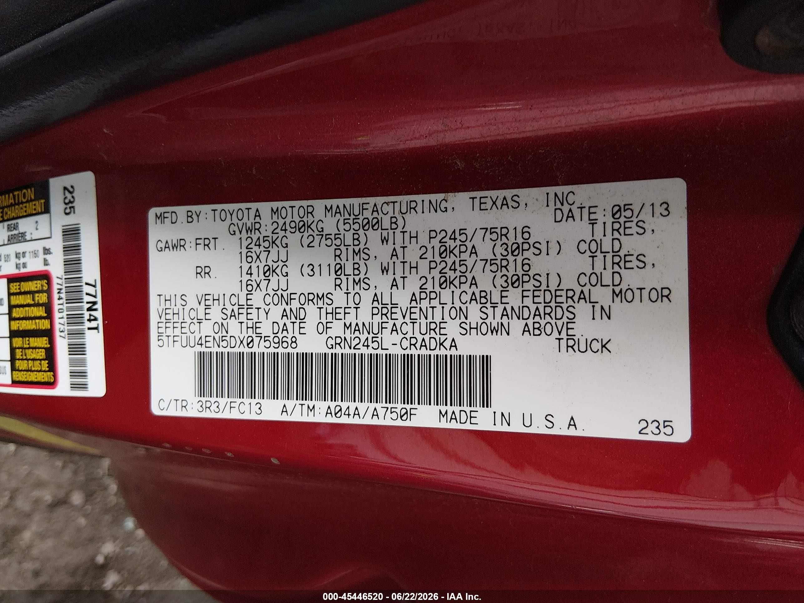 2013 Toyota Tacoma Base V6 Красный vin: 5TFUU4EN5DX075968
