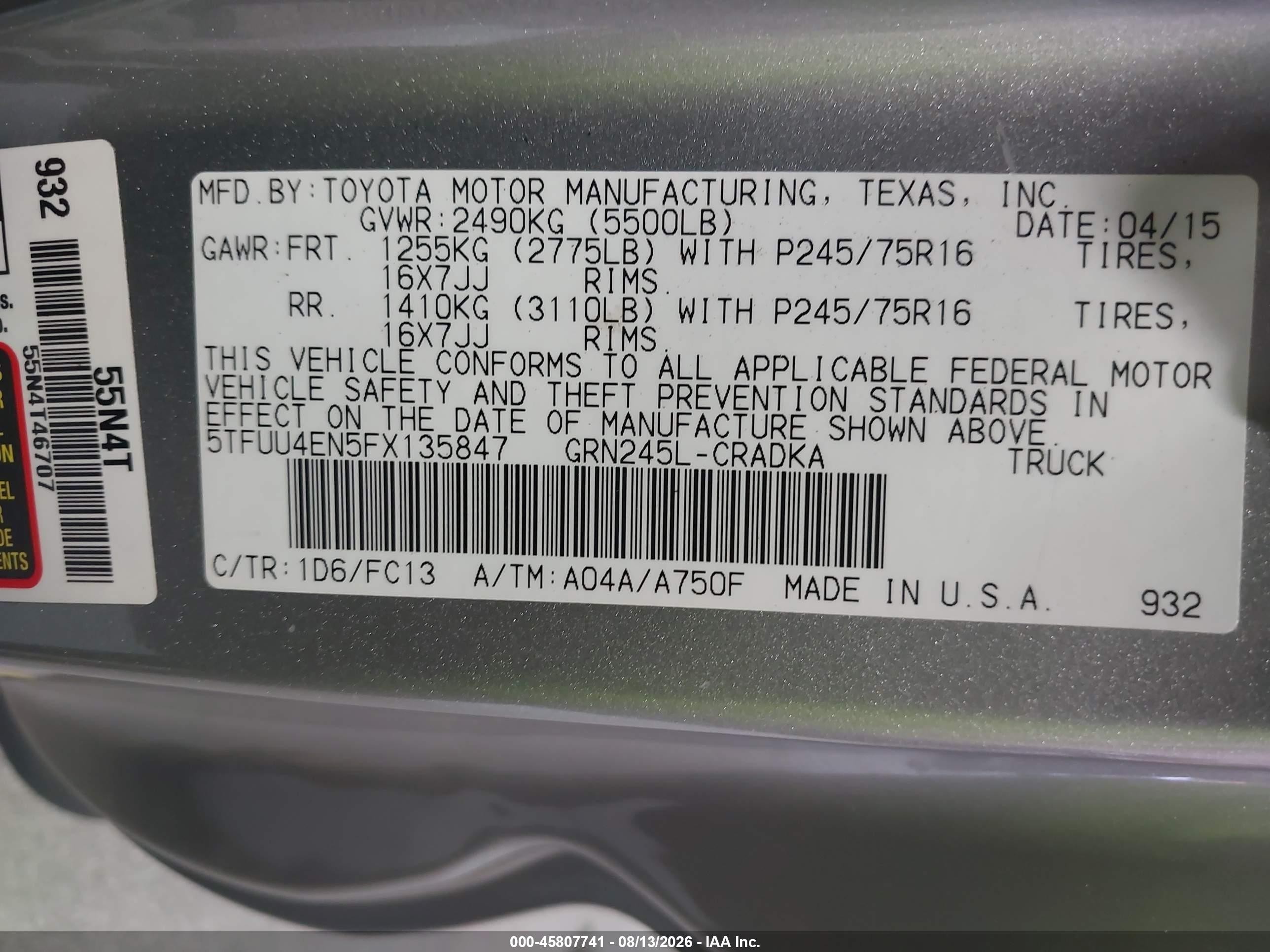 2015 Toyota Tacoma Base V6 Silver vin: 5TFUU4EN5FX135847