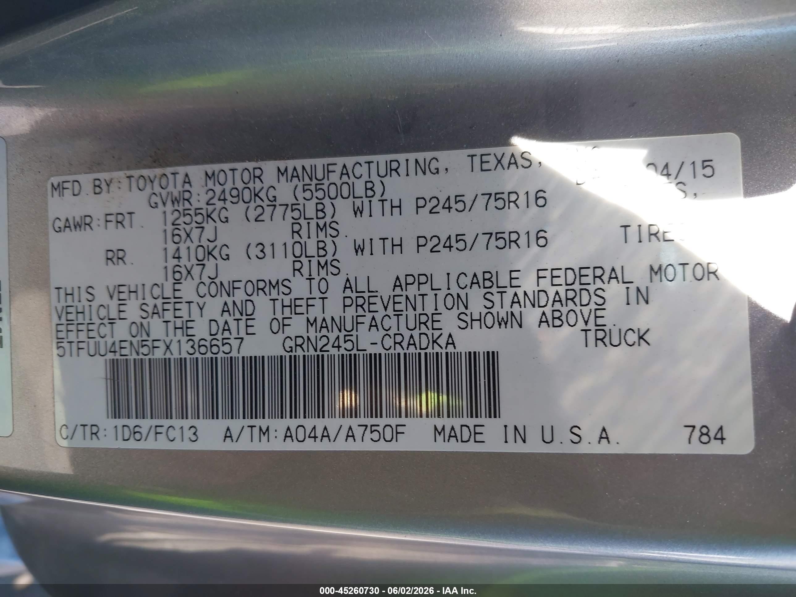 2015 Toyota Tacoma Base V6 Silver vin: 5TFUU4EN5FX136657
