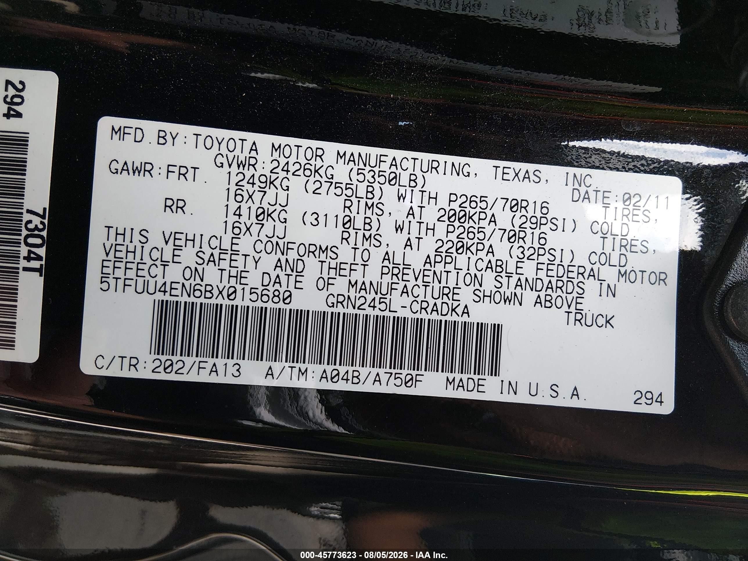 2011 Toyota Tacoma Base V6 Black vin: 5TFUU4EN6BX015680