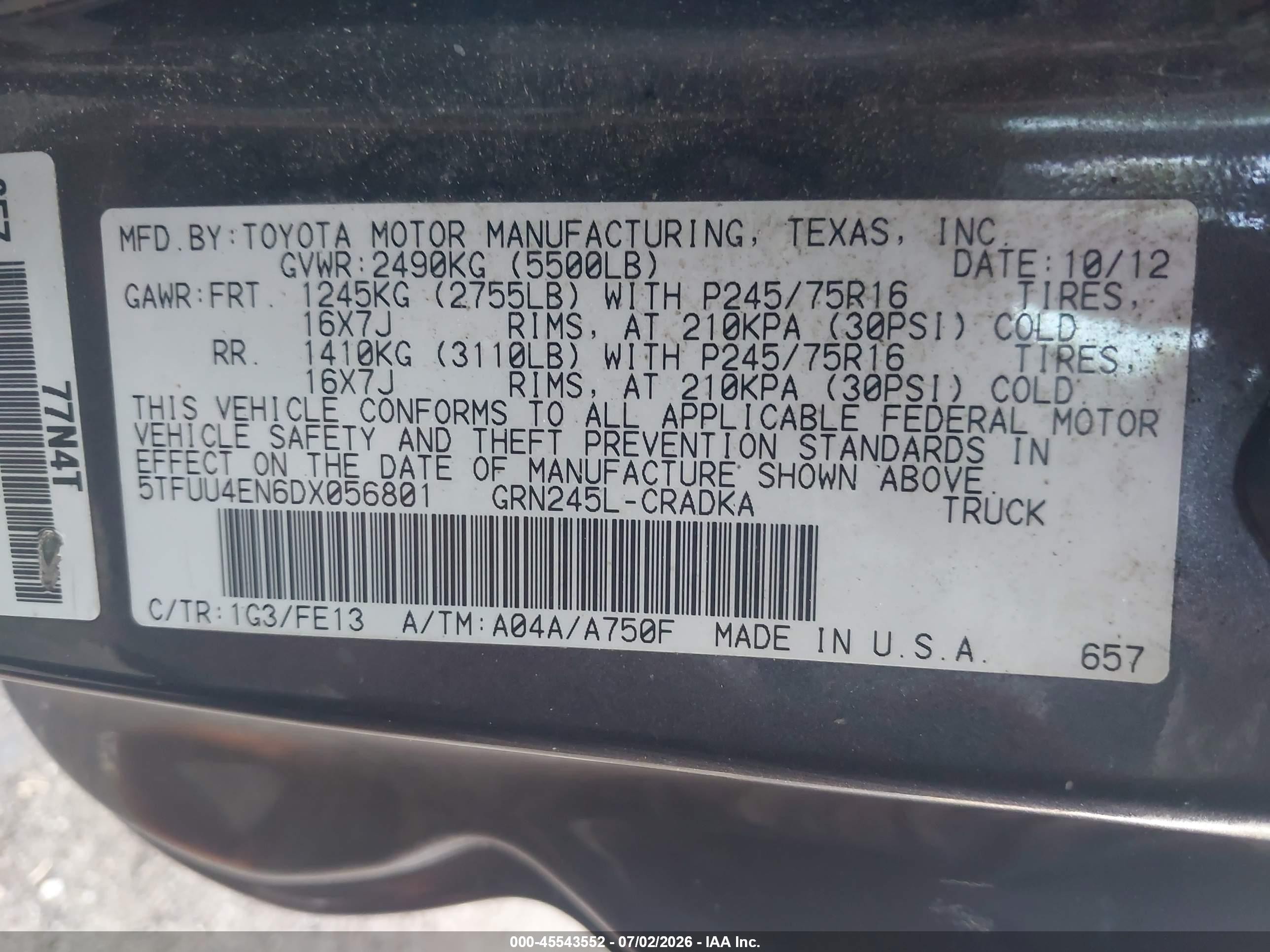 2013 Toyota Tacoma Base V6 Gray vin: 5TFUU4EN6DX056801