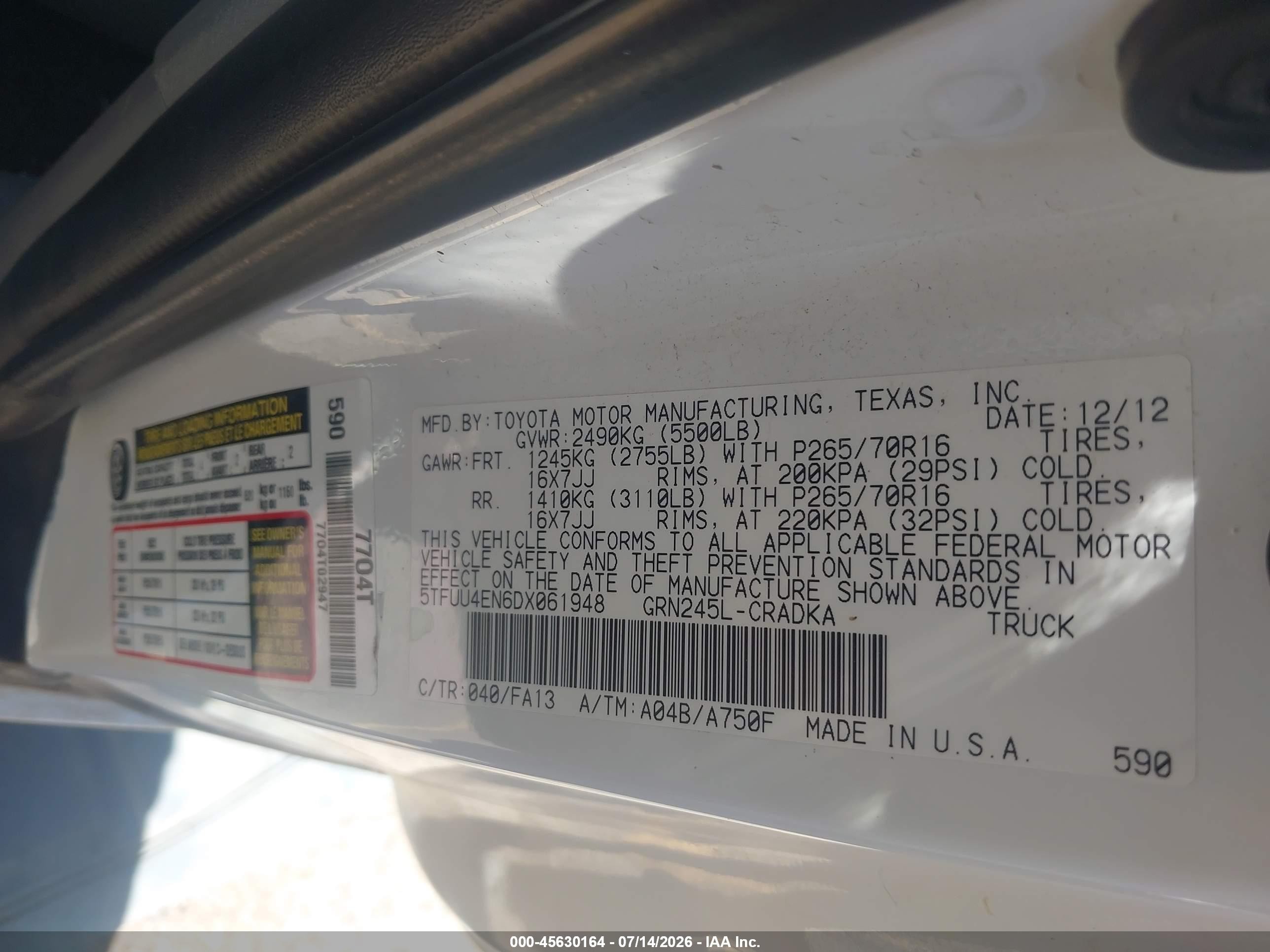 2013 Toyota Tacoma Base V6 White vin: 5TFUU4EN6DX061948
