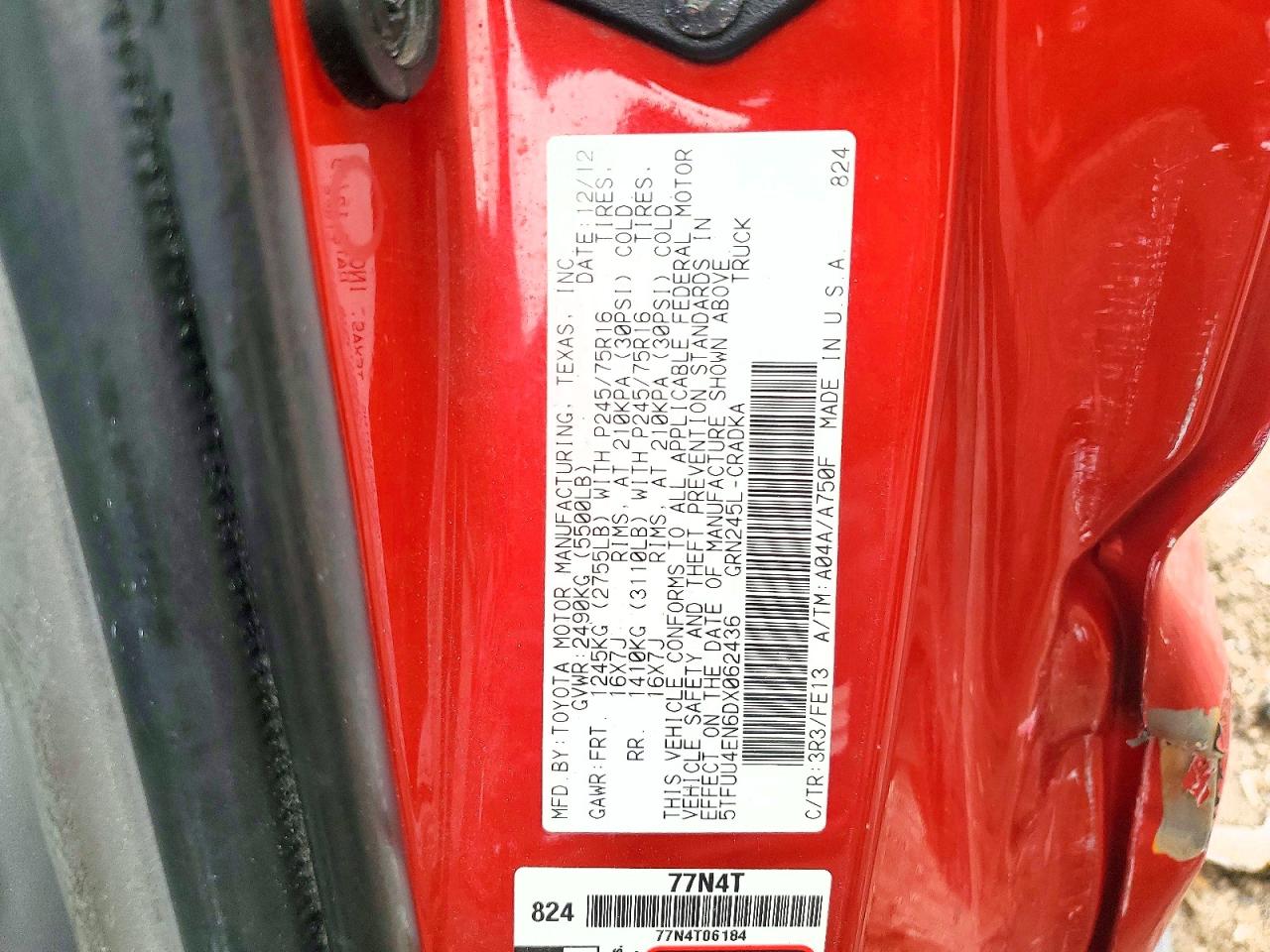 2013 Toyota Tacoma V6 Red vin: 5TFUU4EN6DX062436