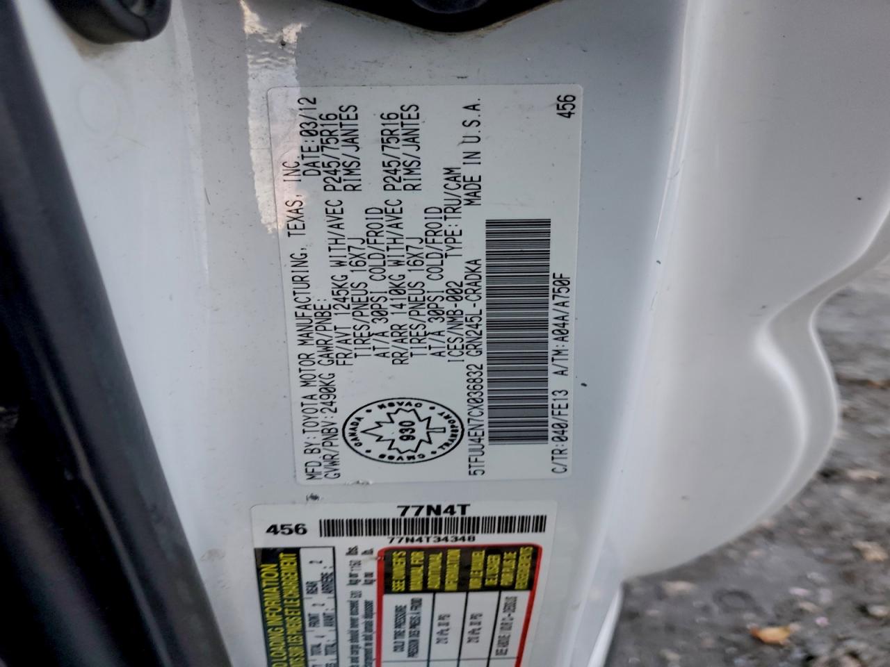 2012 Toyota Tacoma White vin: 5TFUU4EN7CX036832