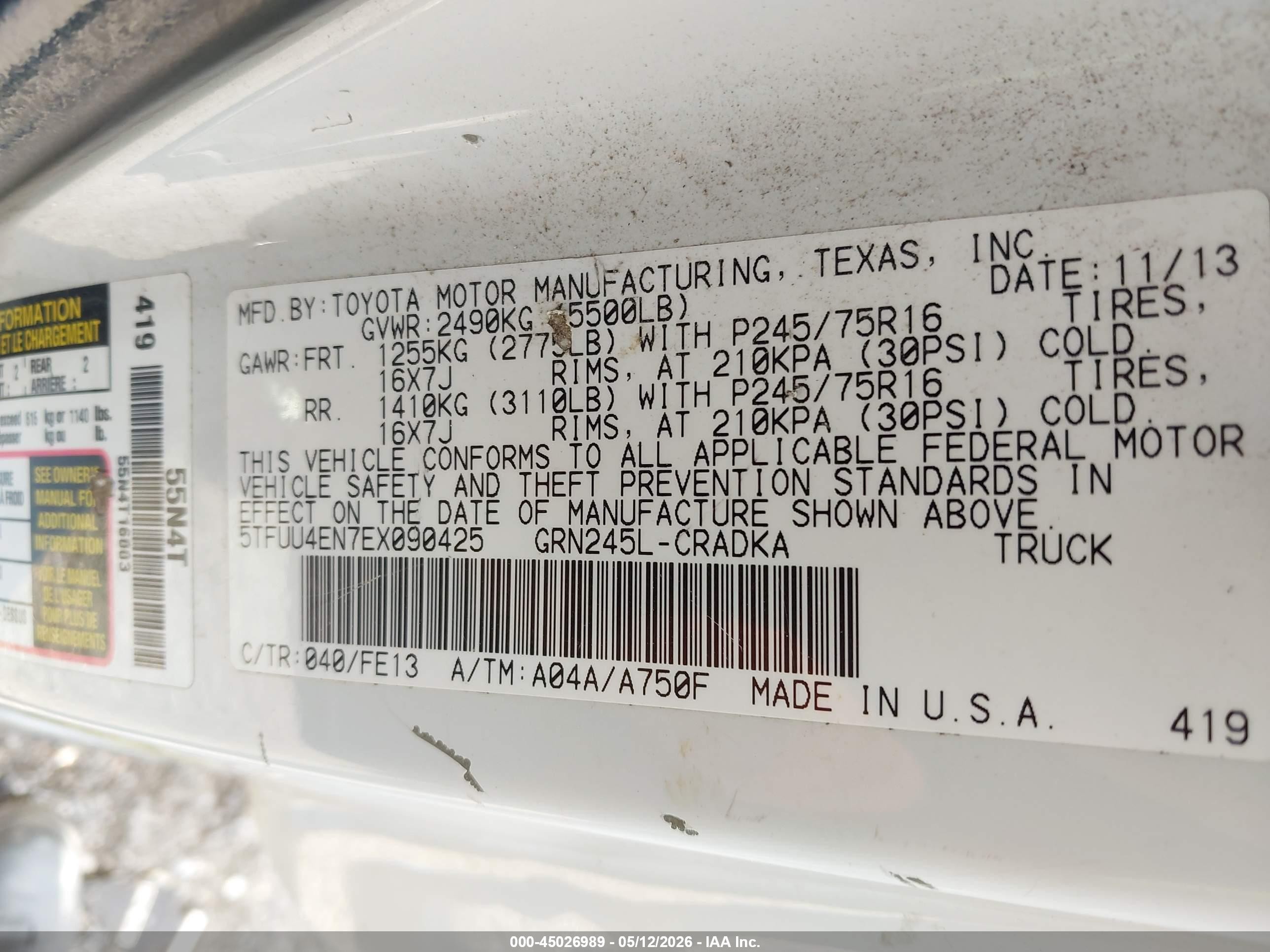 2014 Toyota Tacoma Base V6 White vin: 5TFUU4EN7EX090425