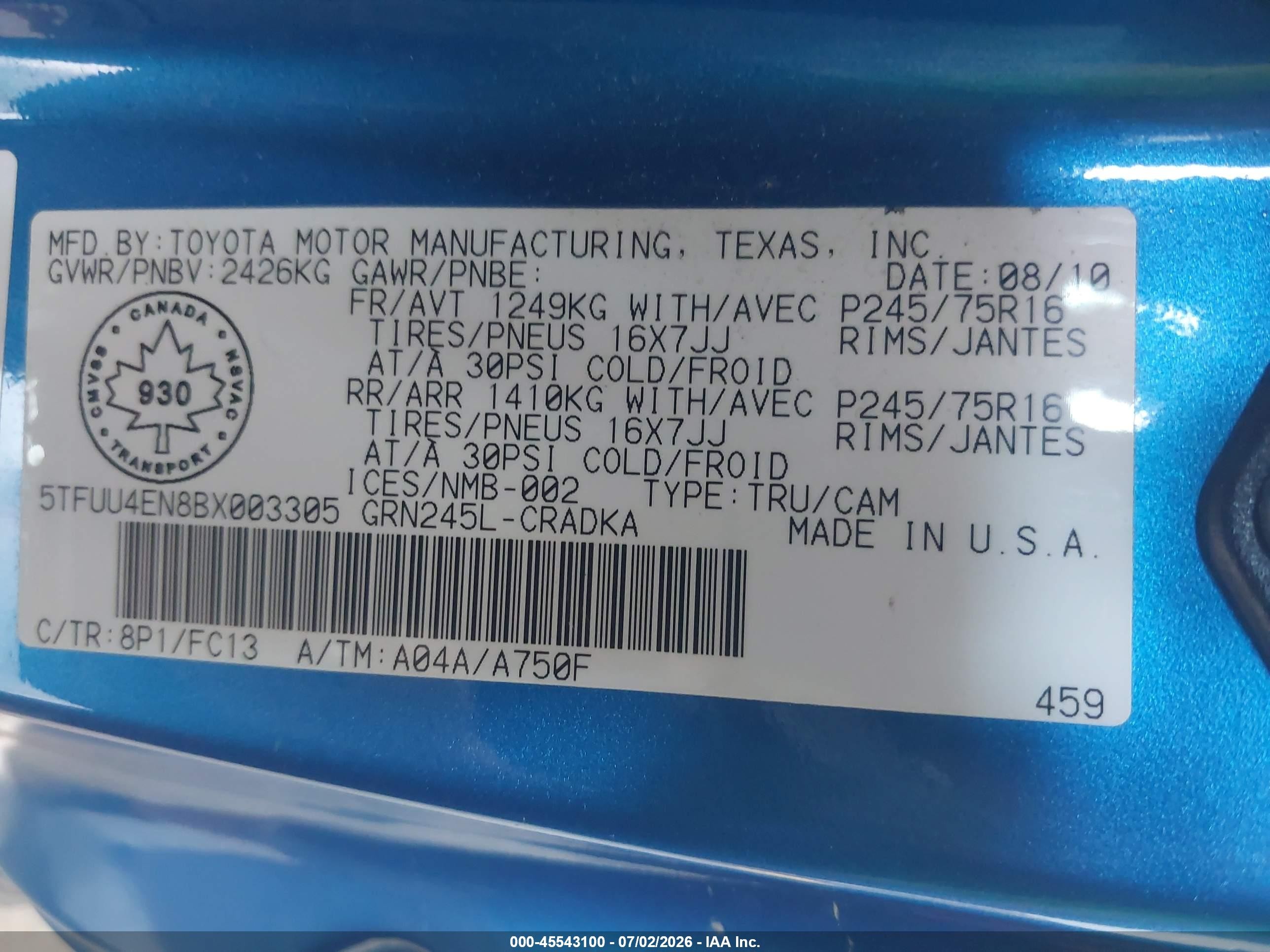 2011 Toyota Tacoma Base V6 Blue vin: 5TFUU4EN8BX003305