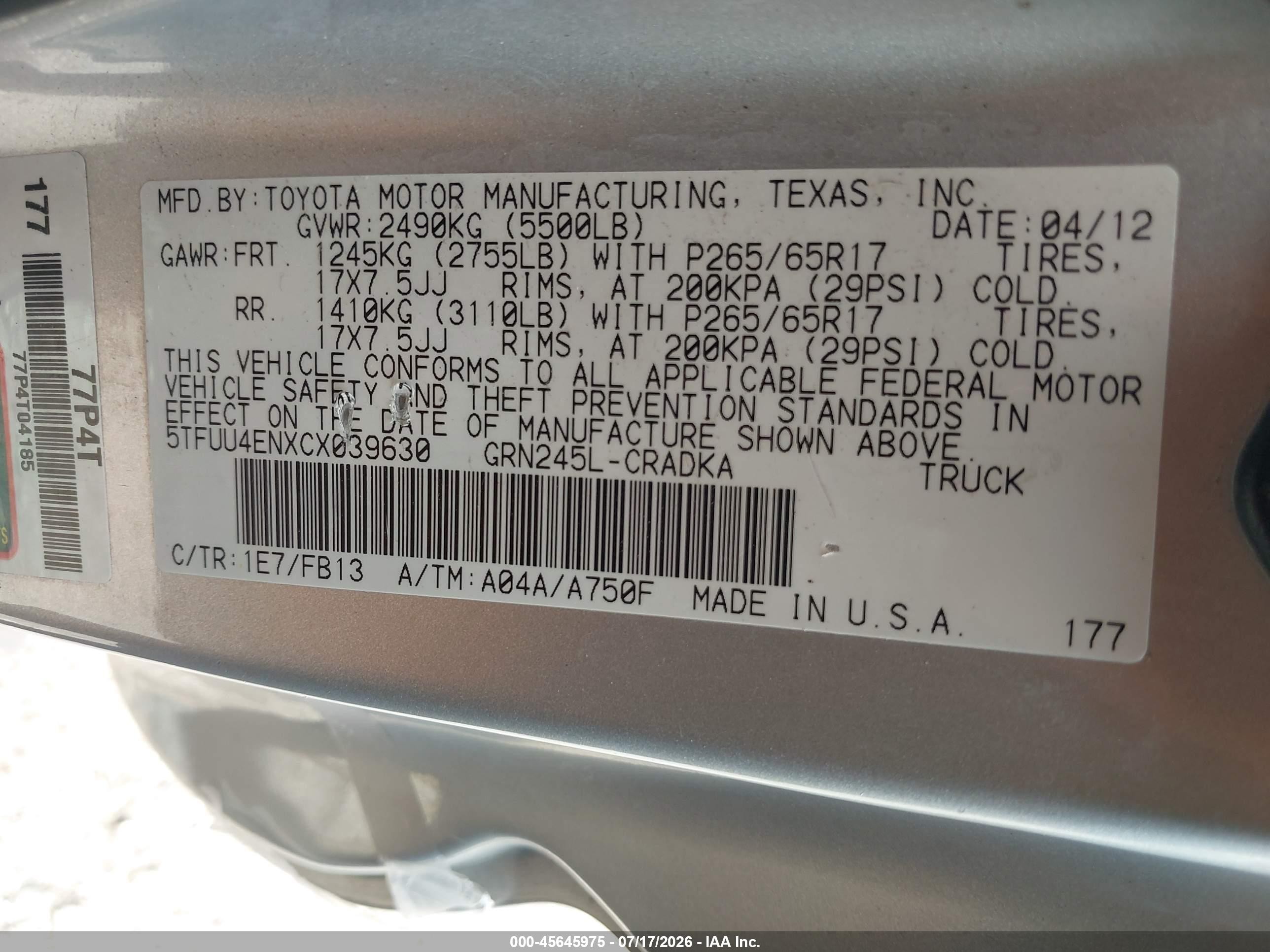 2012 Toyota Tacoma Base V6 Silver vin: 5TFUU4ENXCX039630