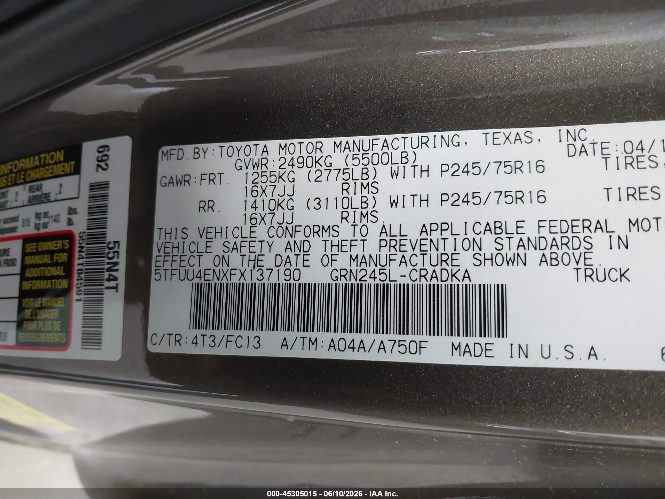 2015 Toyota Tacoma Base V6 Gray vin: 5TFUU4ENXFX137190