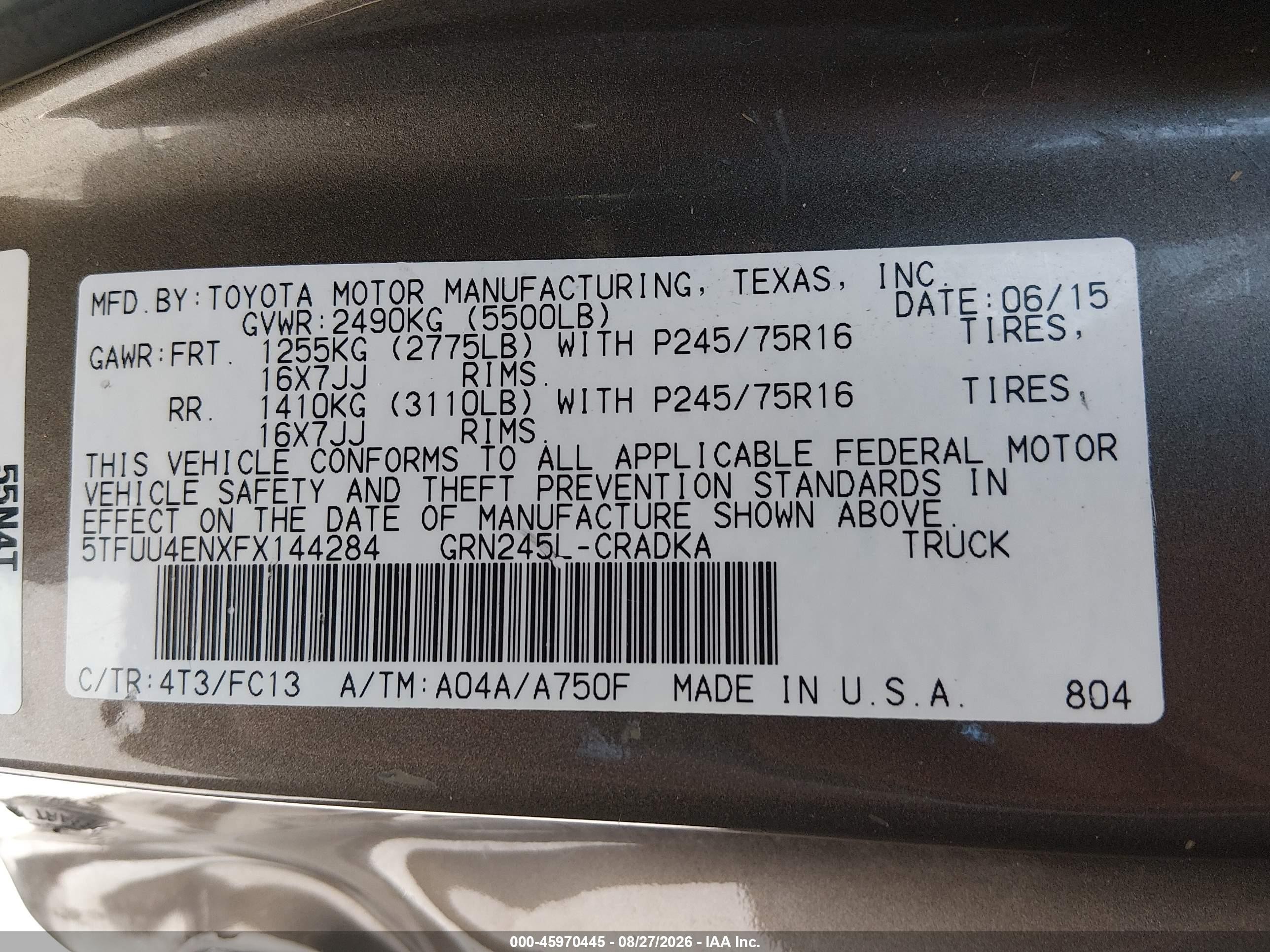 2015 Toyota Tacoma Base V6 Brown vin: 5TFUU4ENXFX144284
