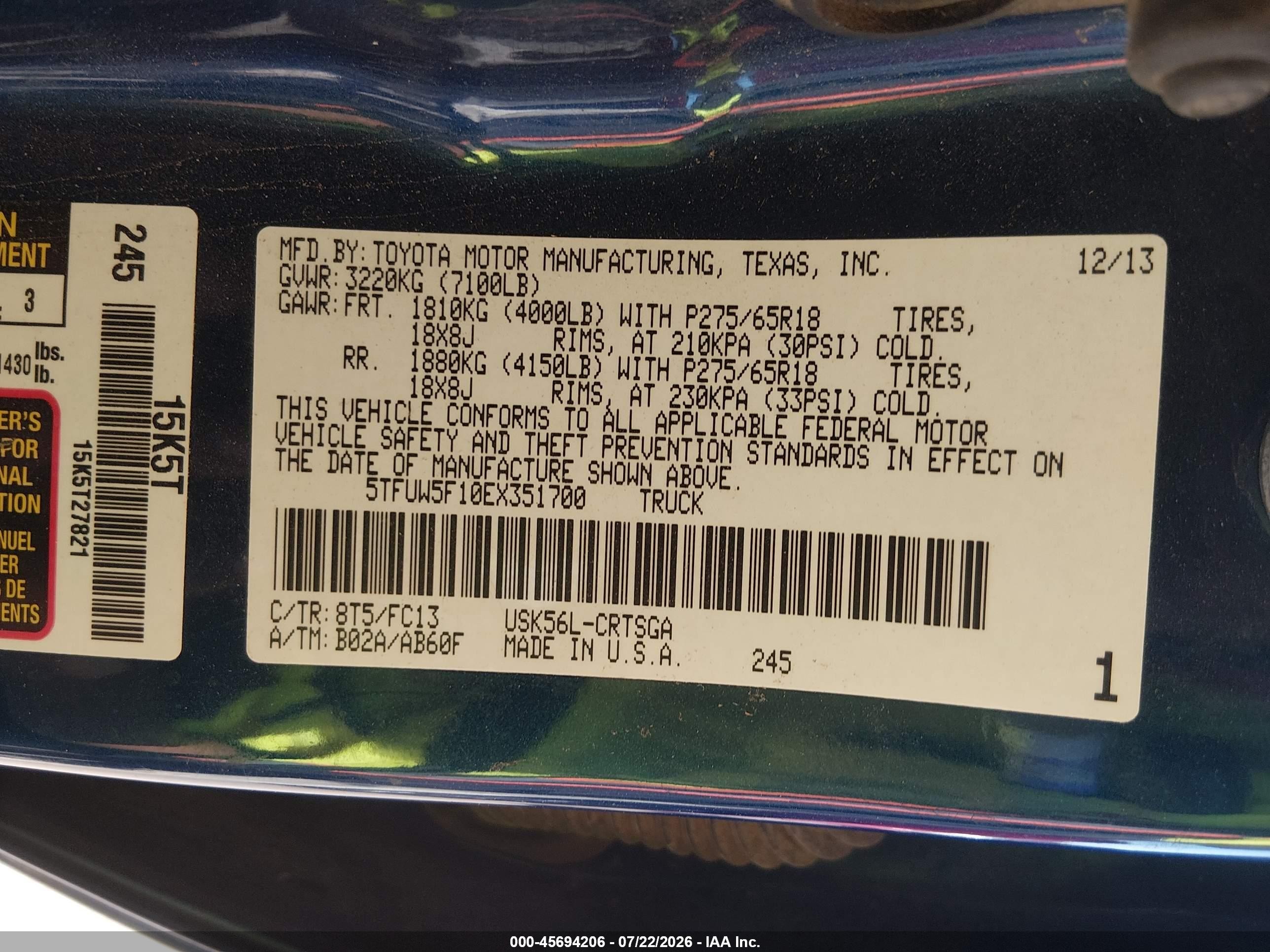 2014 Toyota Tundra Sr5 5.7l V8 Синий vin: 5TFUW5F10EX351700