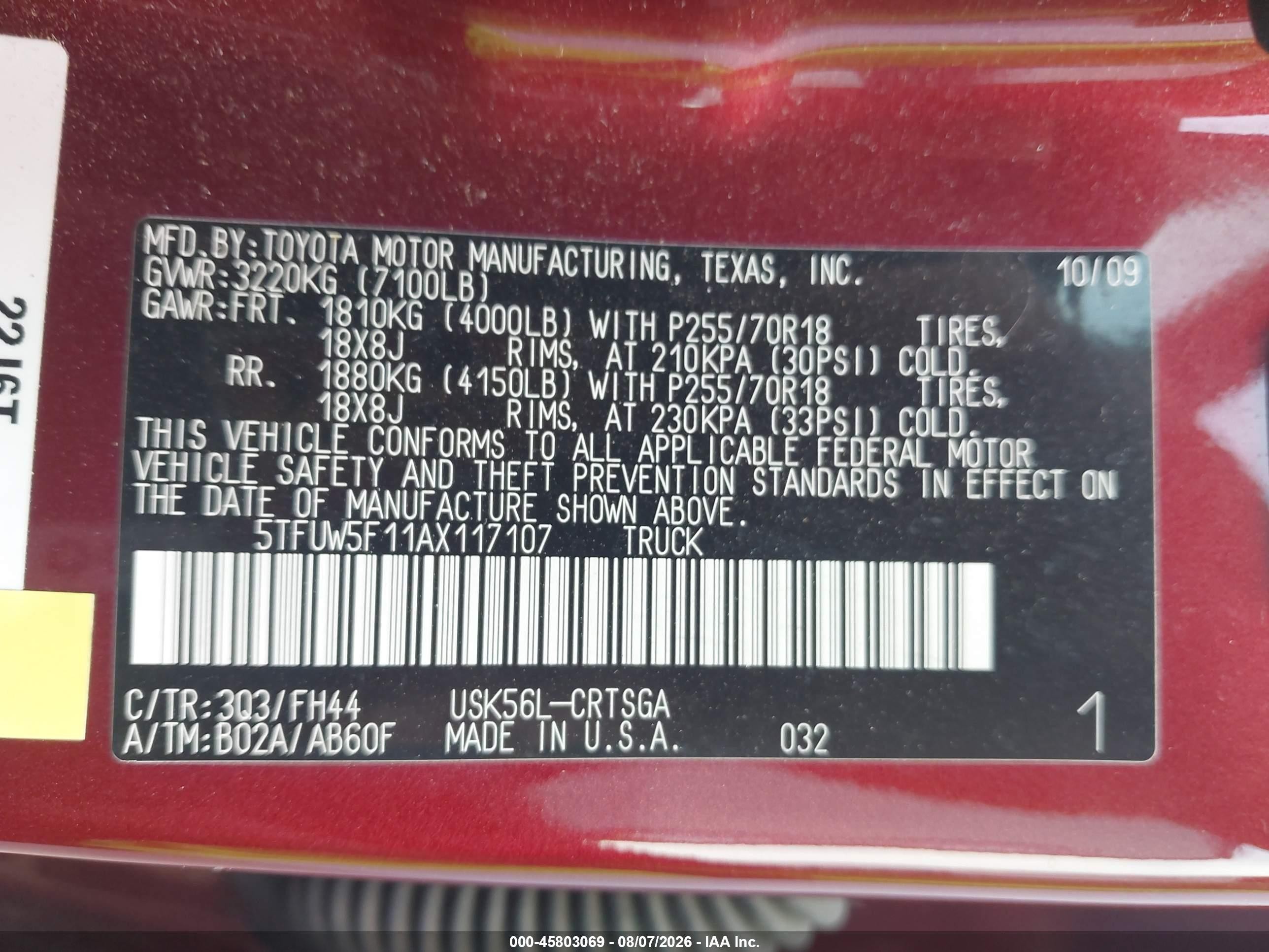 2010 Toyota Tundra Grade 5.7l V8 Красный vin: 5TFUW5F11AX117107