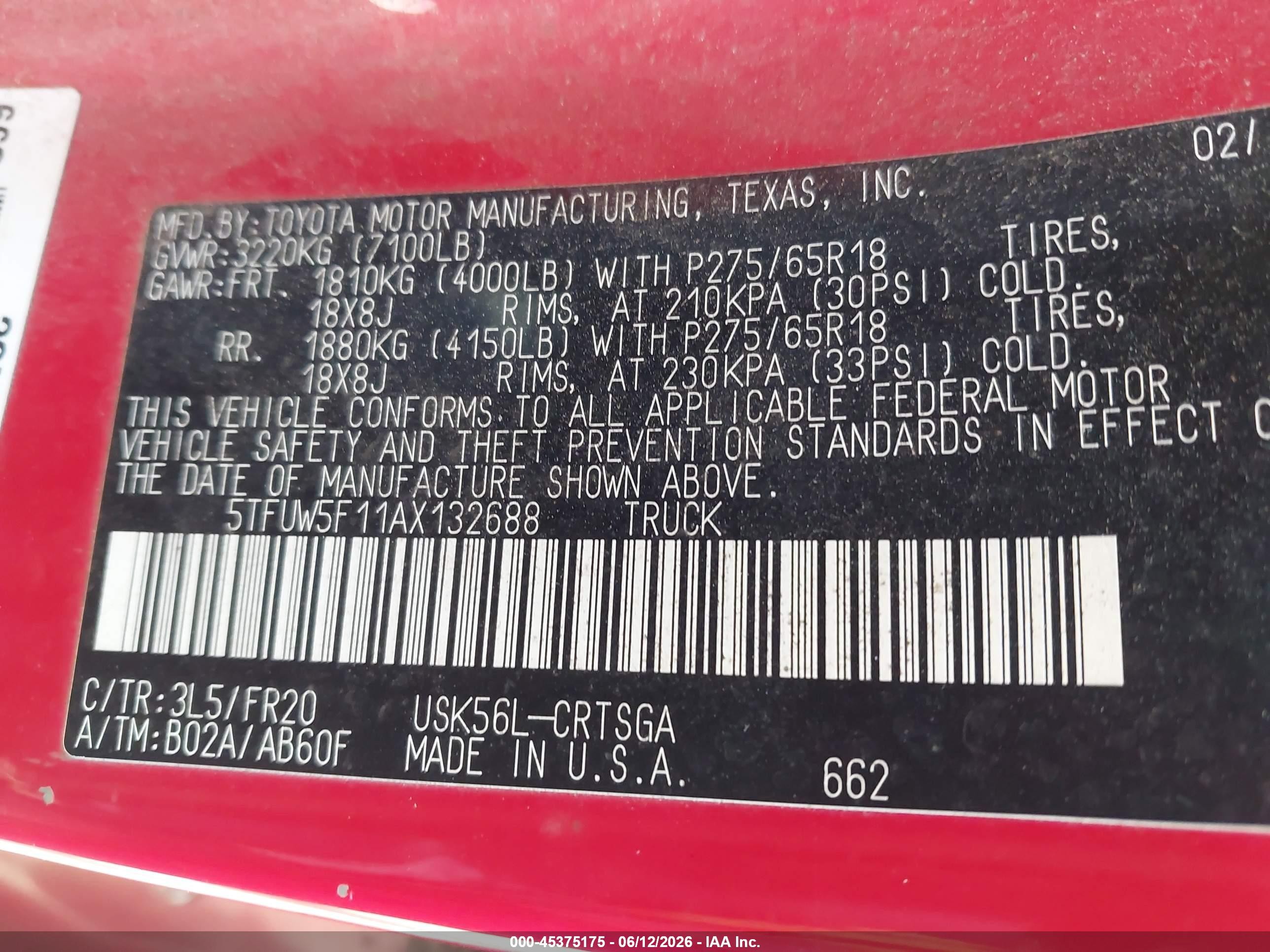 2010 Toyota Tundra Grade 5.7l V8 Red vin: 5TFUW5F11AX132688